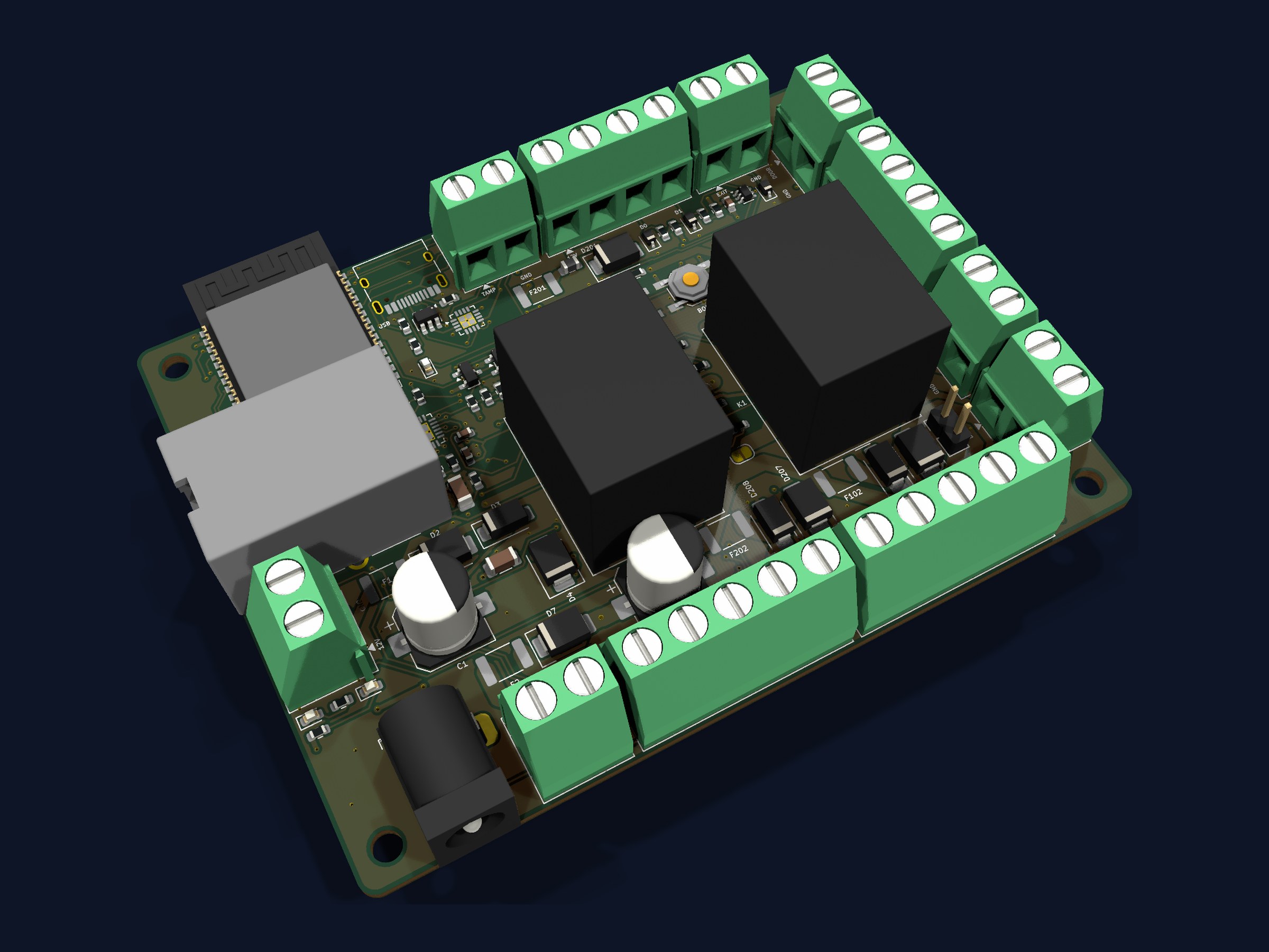 Three-quarter view of the controller board, wired dual-door build, with screw terminals around the edge