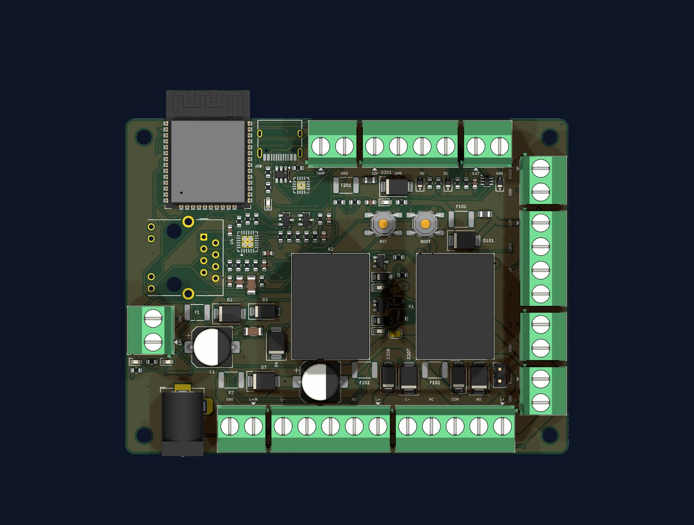 Top view of the Access Controller board with the connectors numbered one to seventeen