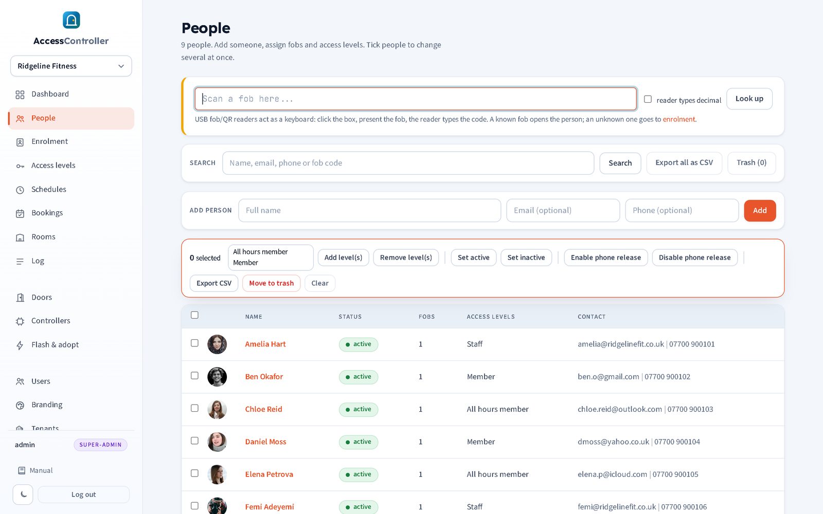 People list with photos, search and fob counts