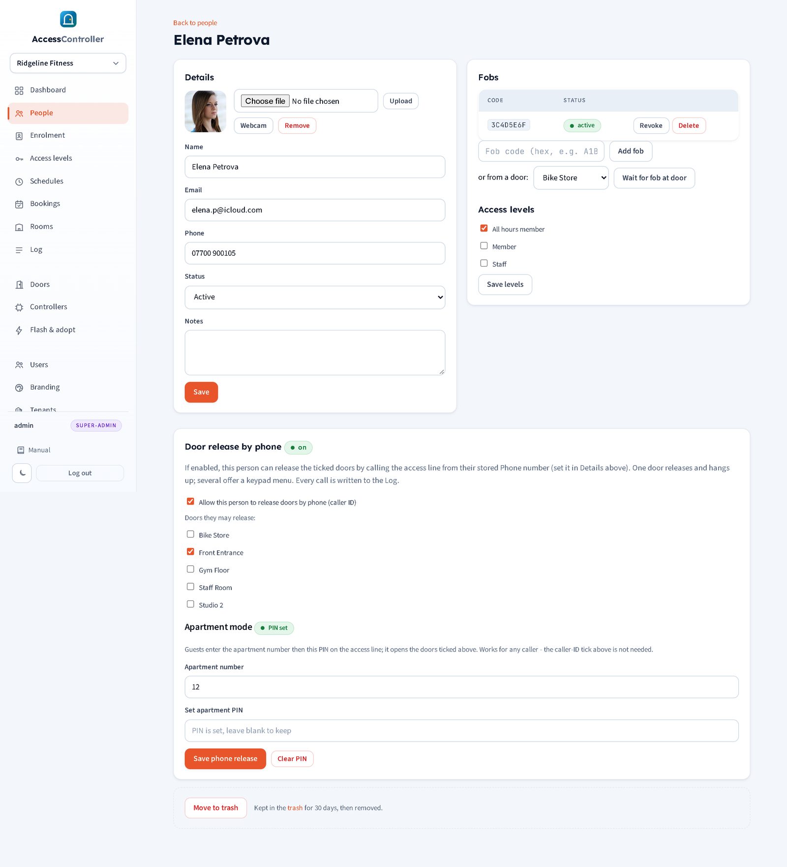 Full person page: photo, fobs, access levels, phone release and apartment mode
