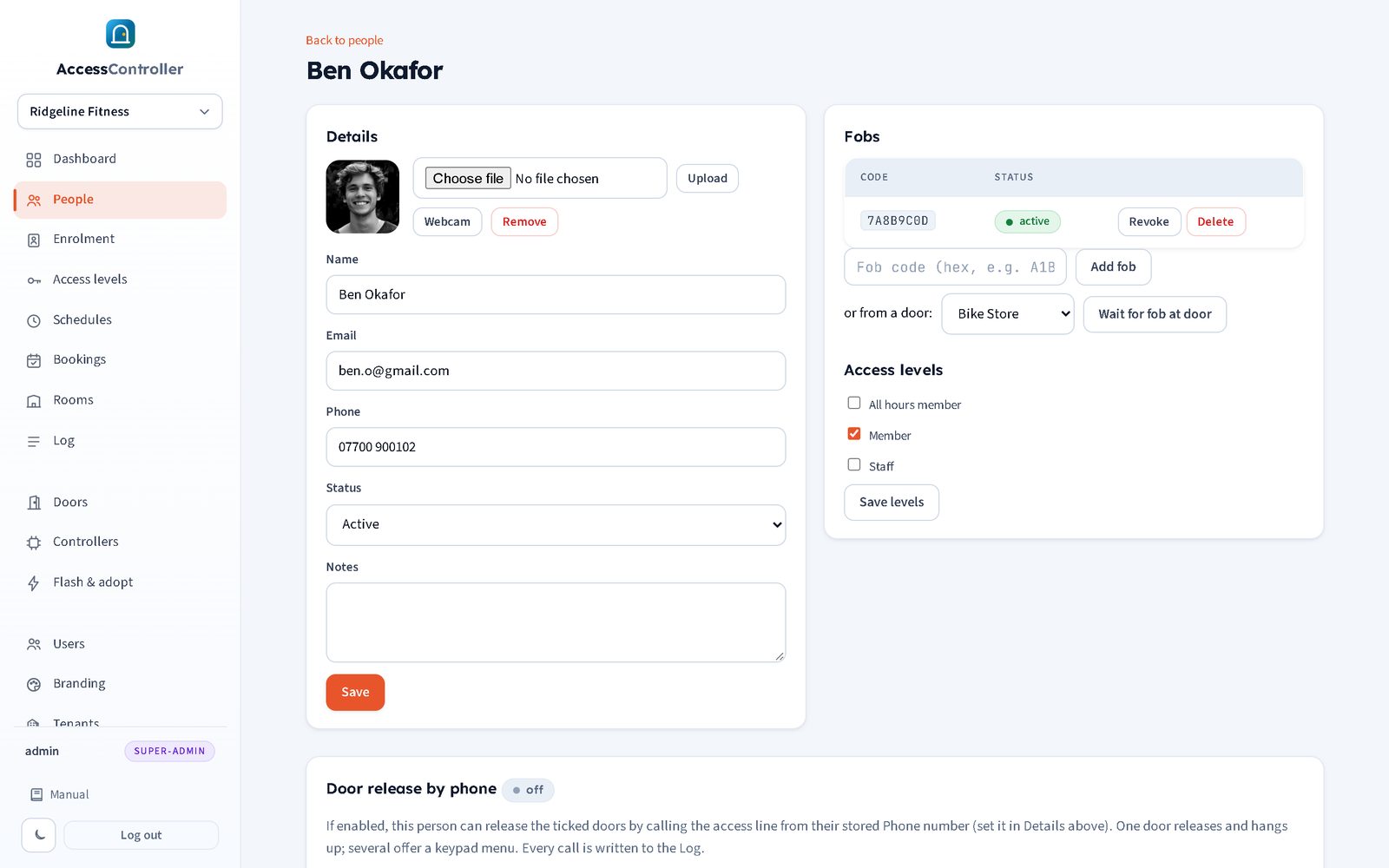 A person record showing photo, fobs, access levels and phone release settings