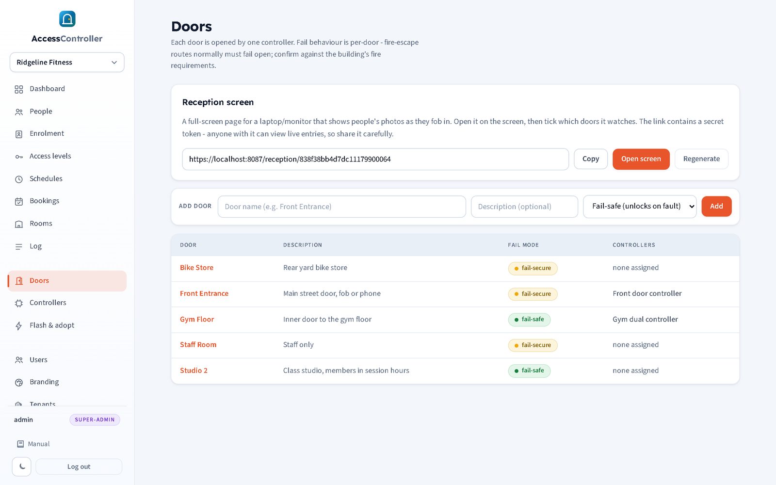 Doors list with reception screen link