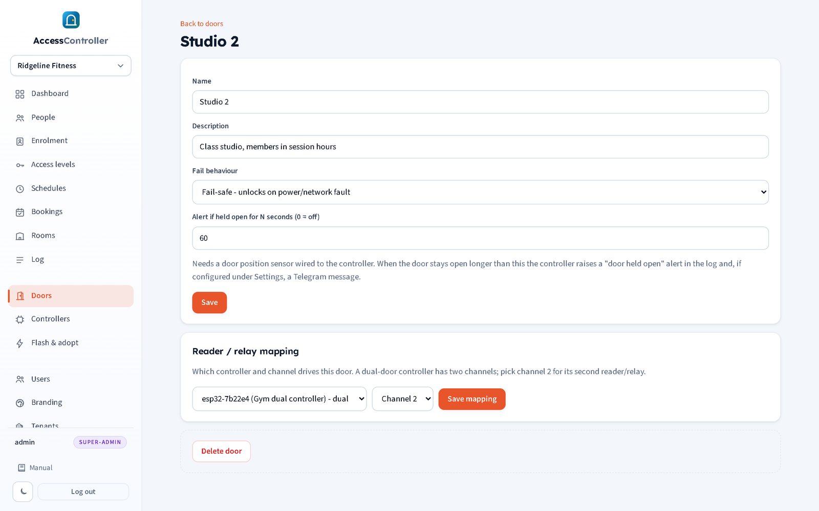 Door detail page with fail mode and reader/relay mapping