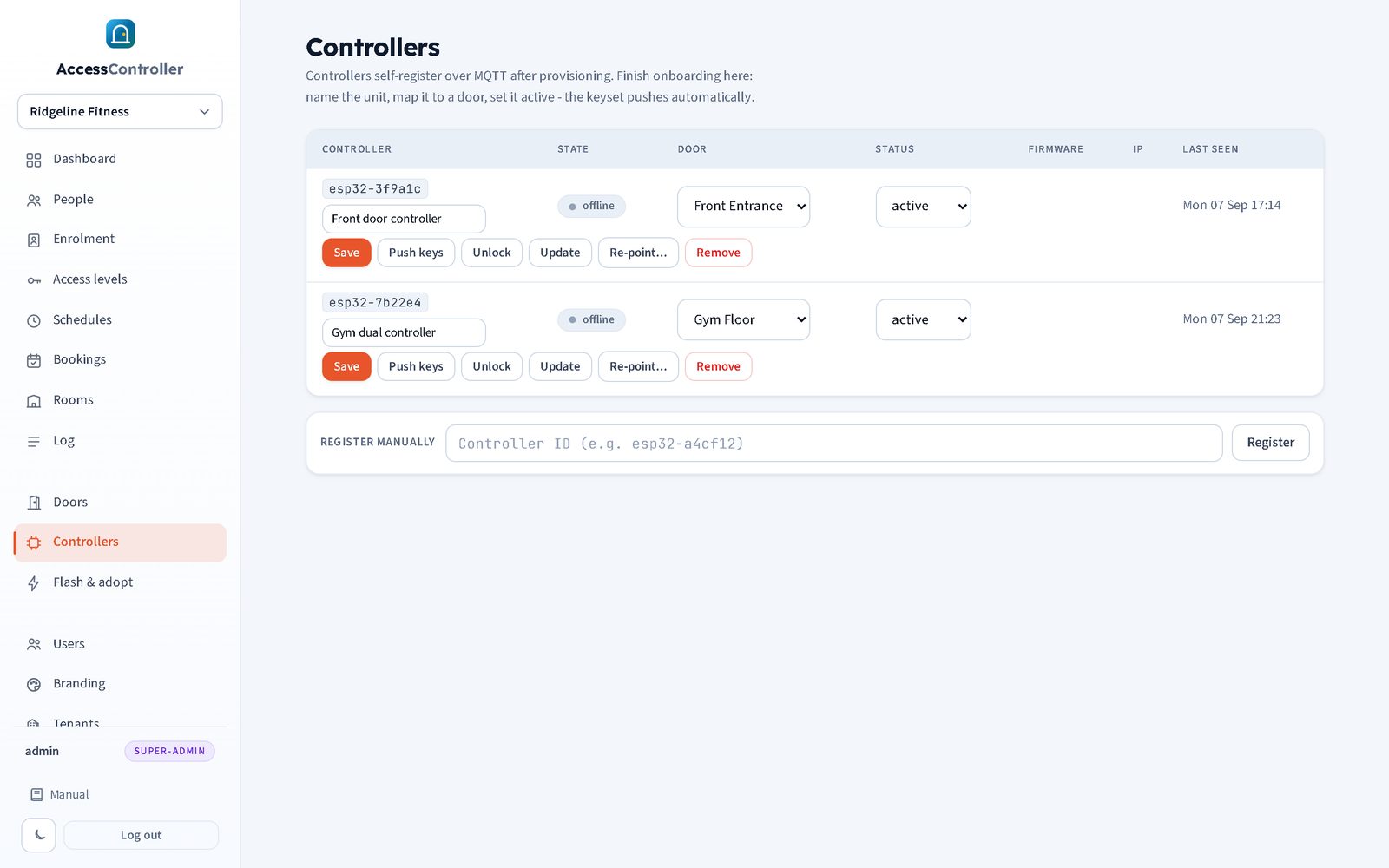 Controllers page showing status, firmware and remote actions