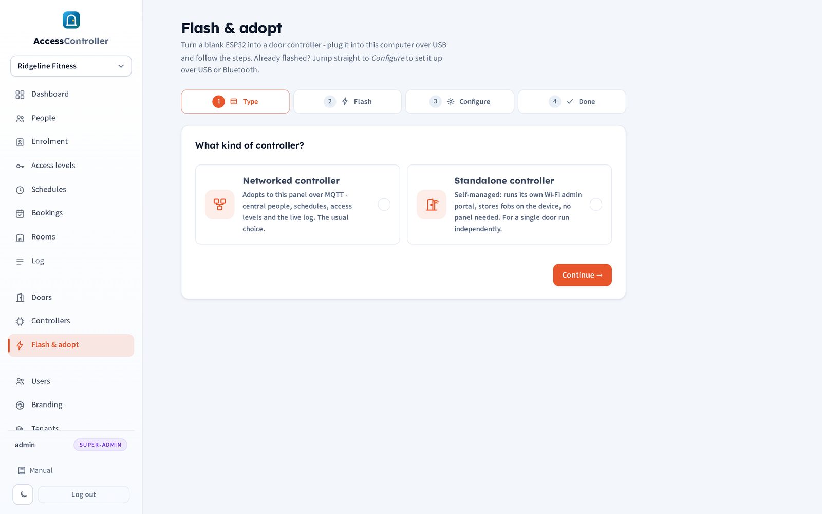 The flash and adopt wizard: choose type, flash, configure, done