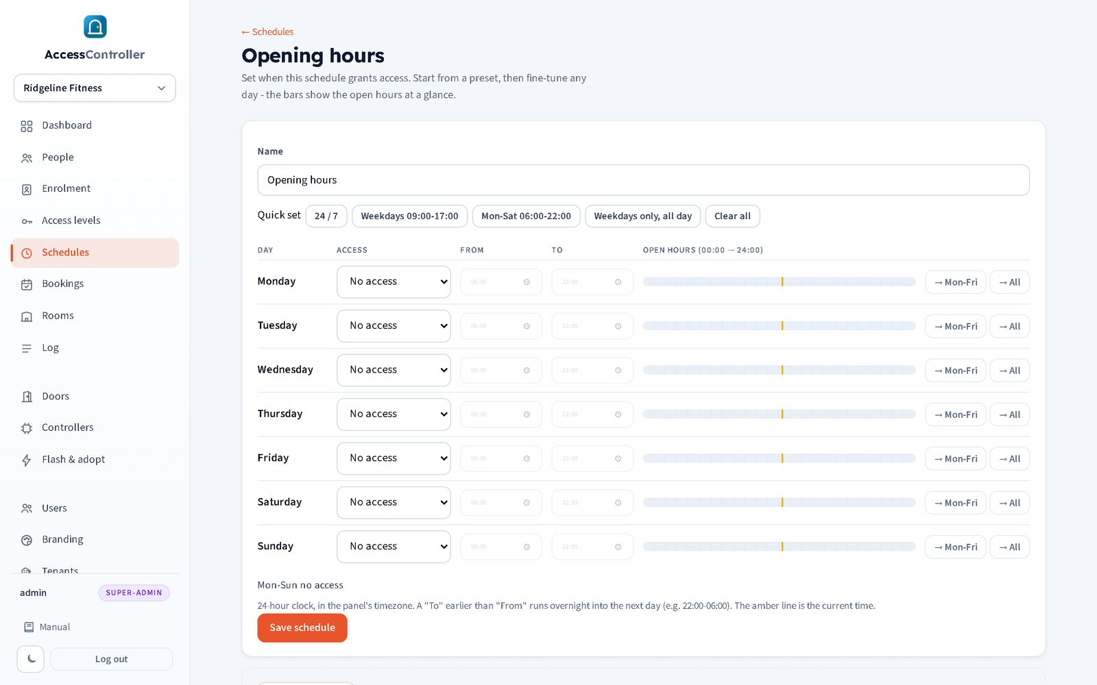 Guided weekly schedule editor with a visual timeline