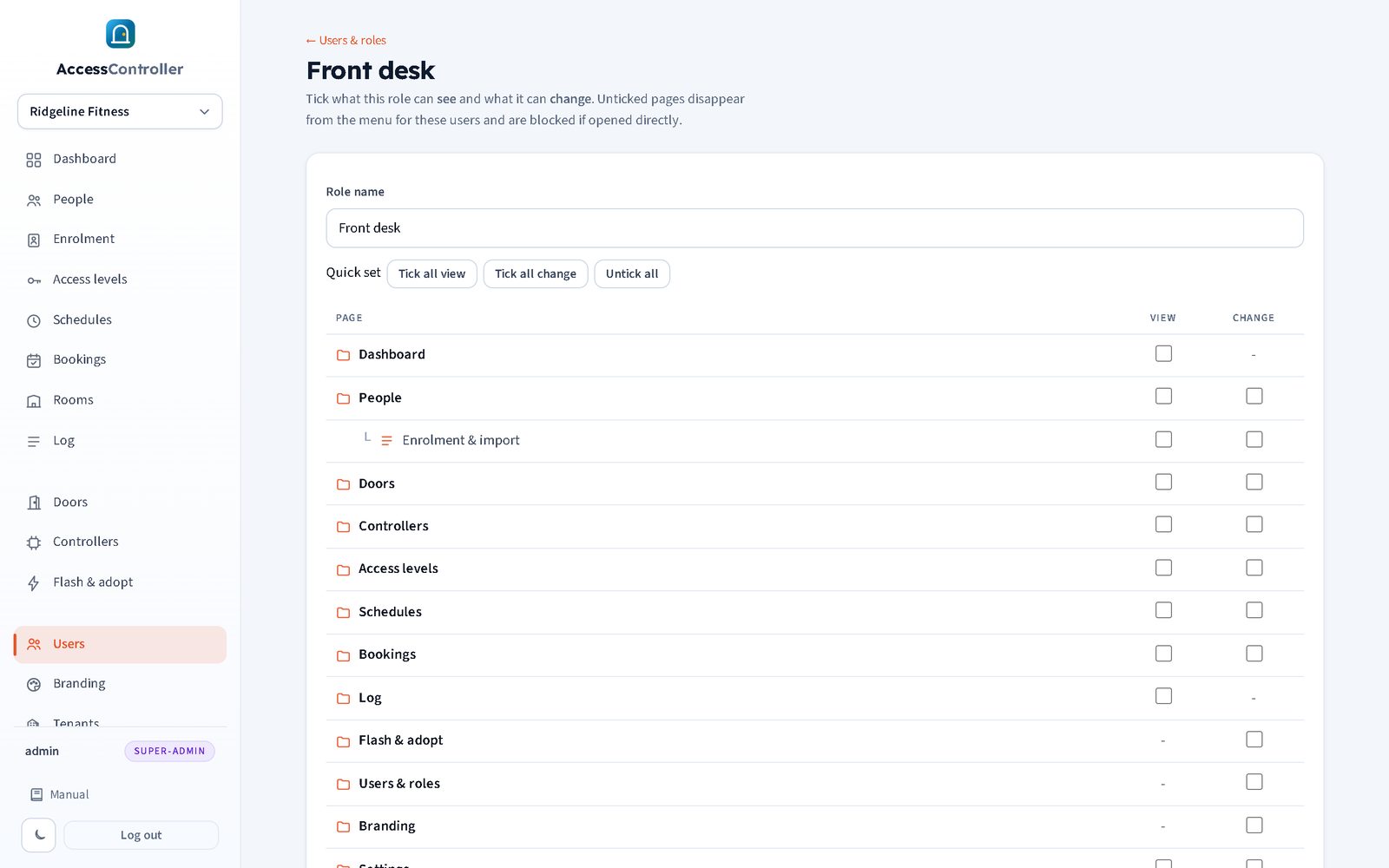 Custom role editor: page tree with view and change ticks