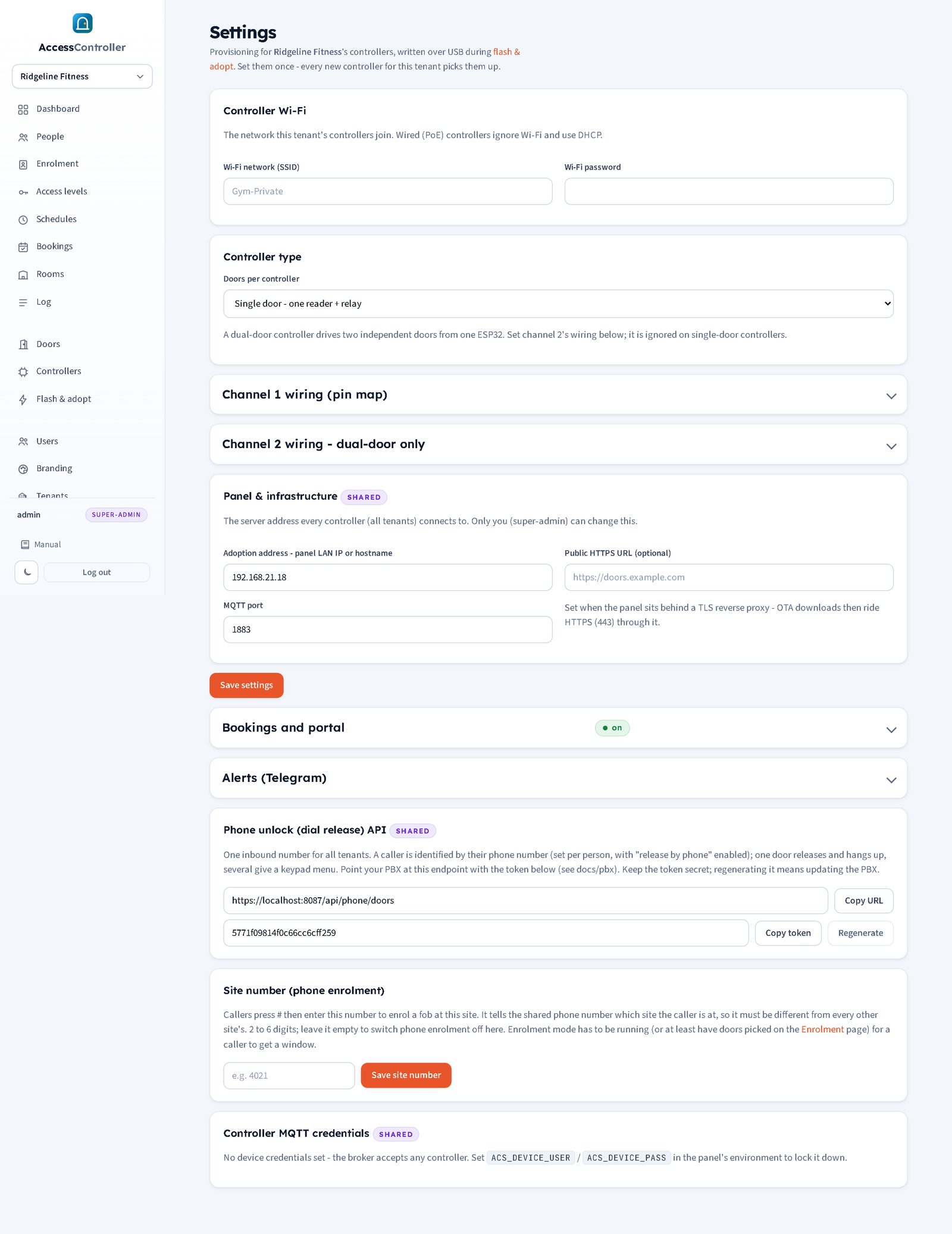 Tenant settings: Wi-Fi, controller type and phone API