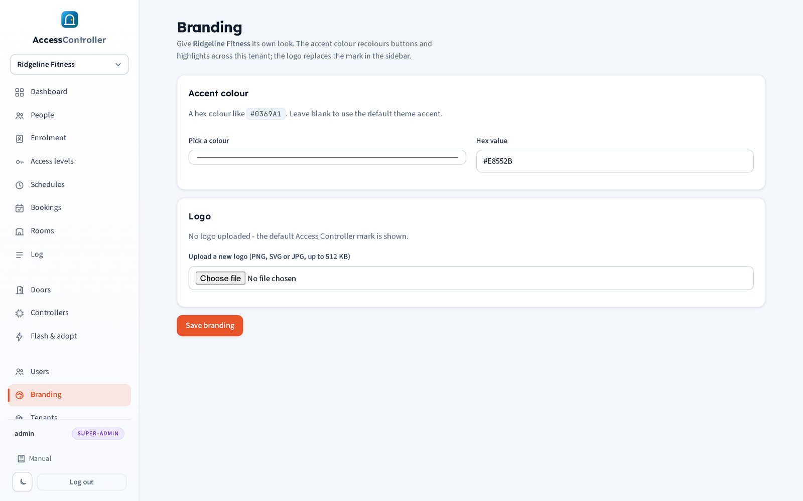 Branding page with logo upload and accent colour