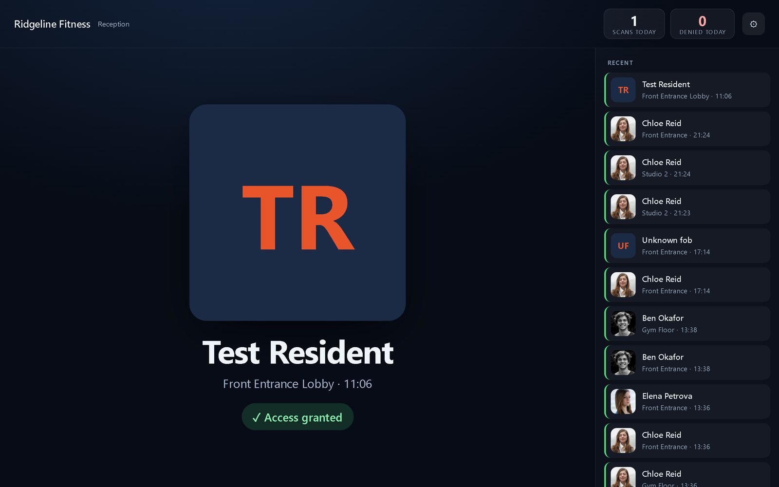 Live reception screen showing a member's photo, access granted, and a list of recent entries