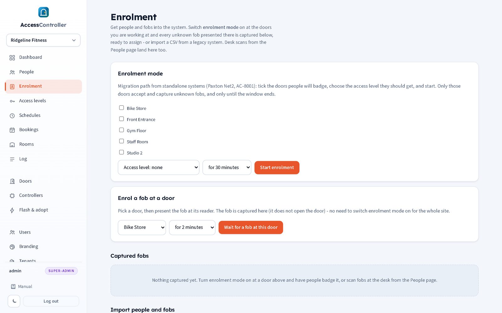Enrolment page showing the doors enrolment mode is running at and the captured fobs