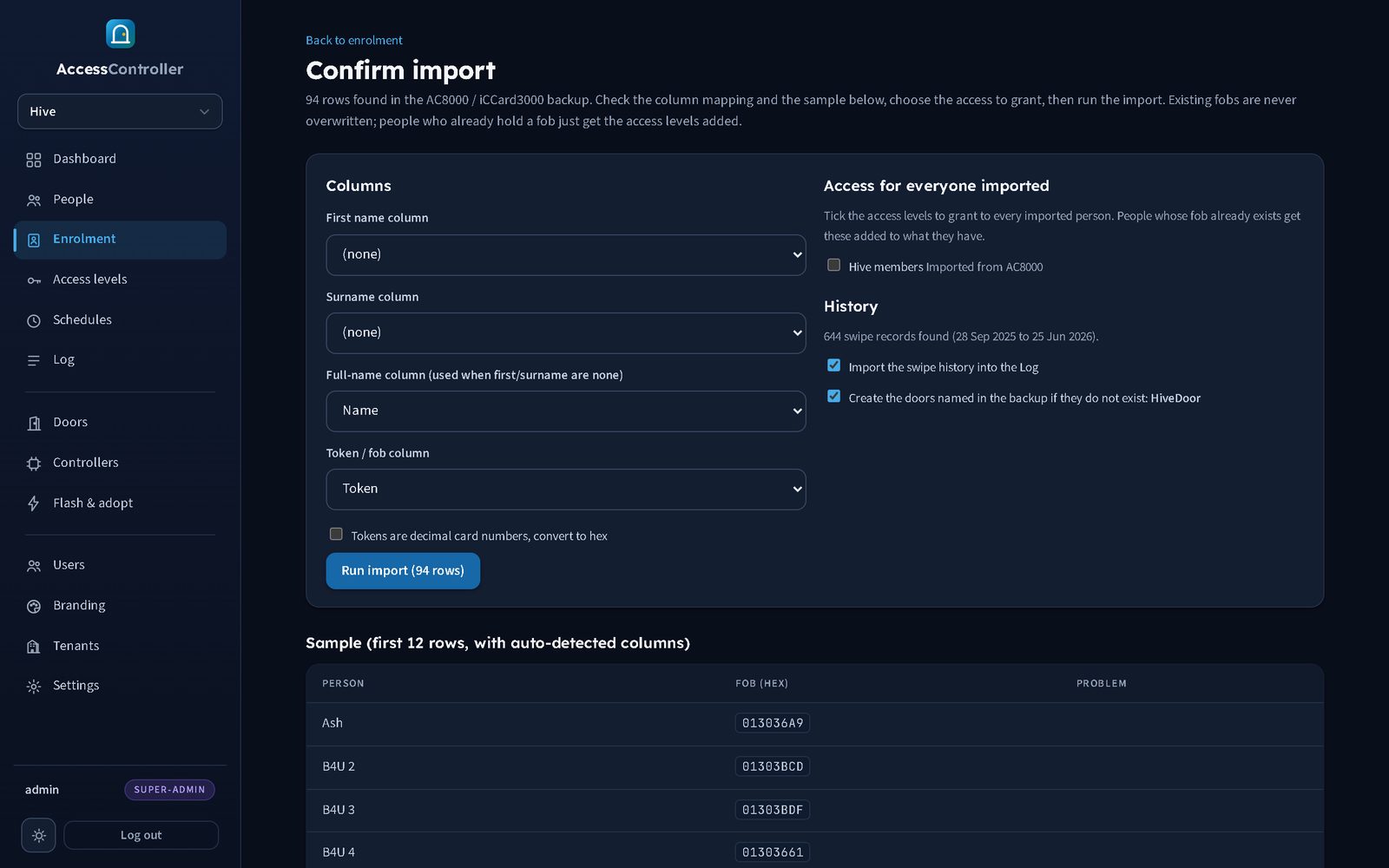 Import preview with column mapping, bulk access levels and editable door names