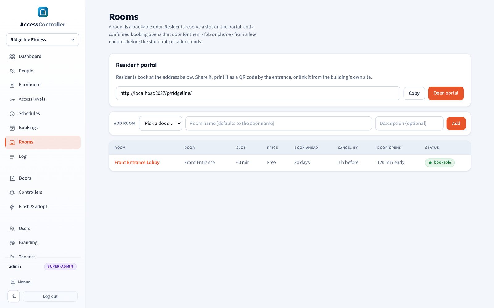 Rooms list with slot length, price, booking window and status