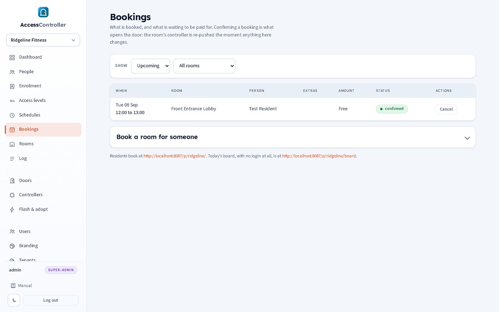 Bookings page with status, amount and mark-paid action