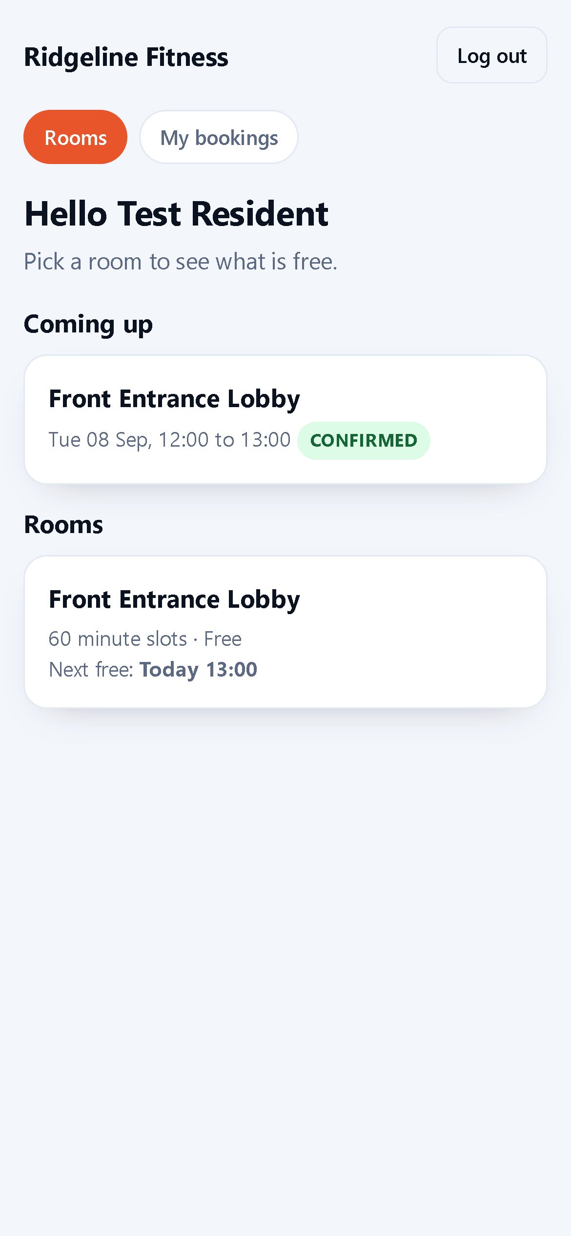 Resident portal home on a phone: greeting, the next booking and the list of rooms with the next free slot