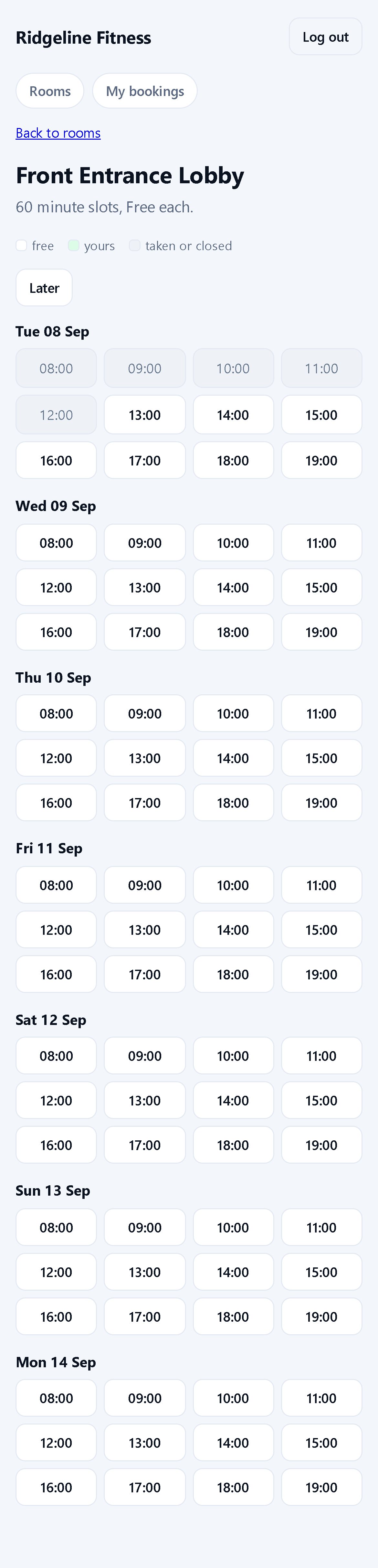 A room on the resident portal: slot length and price, then a grid of bookable times for the next seven days