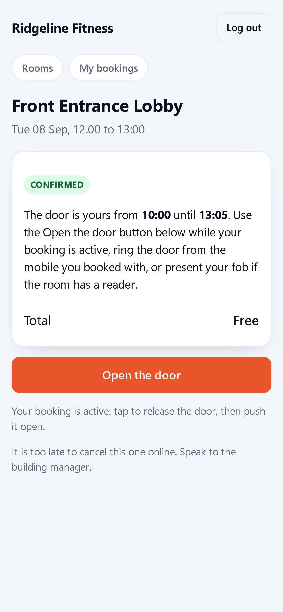 A confirmed booking on the resident portal with the Open the door button
