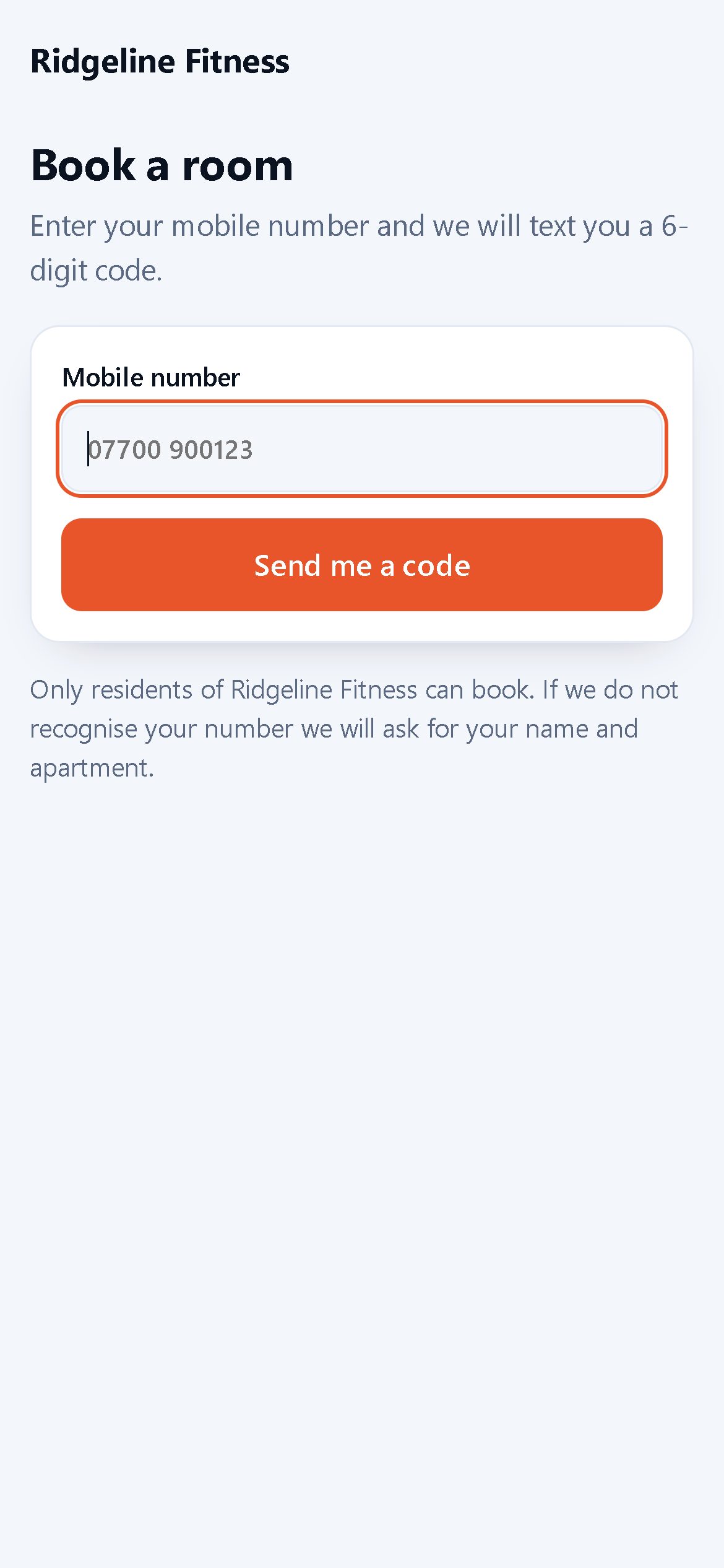 Resident portal sign-in on a phone, asking for a mobile number