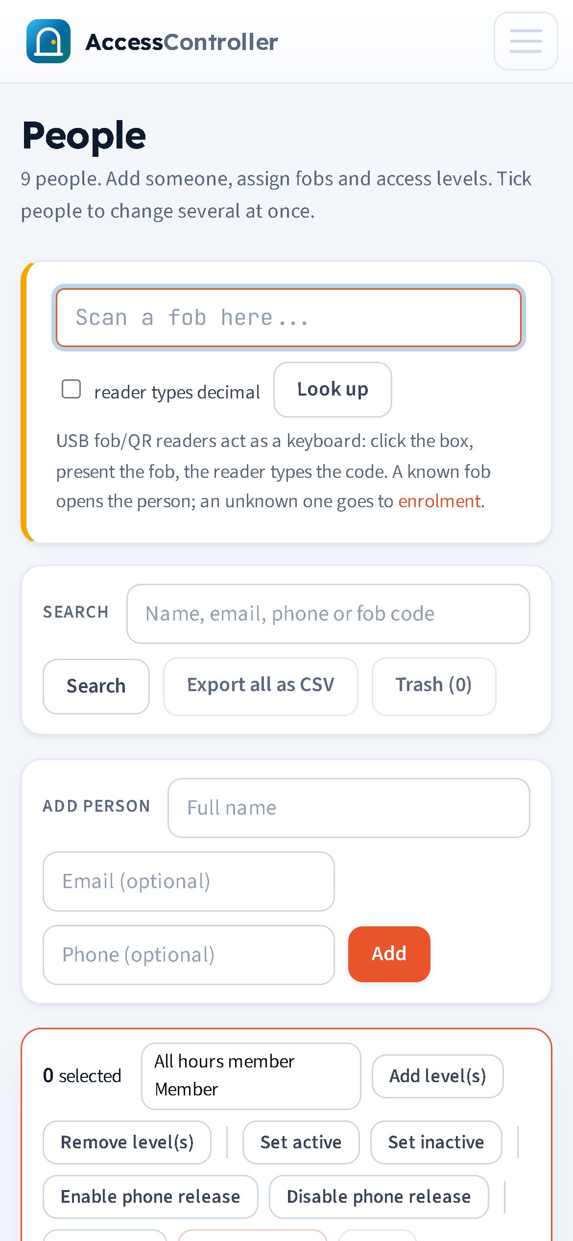 The panel on a phone with the header bar and menu button