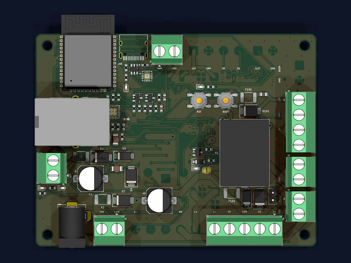 Wired single-door build: one relay, one set of door terminals, network socket fitted