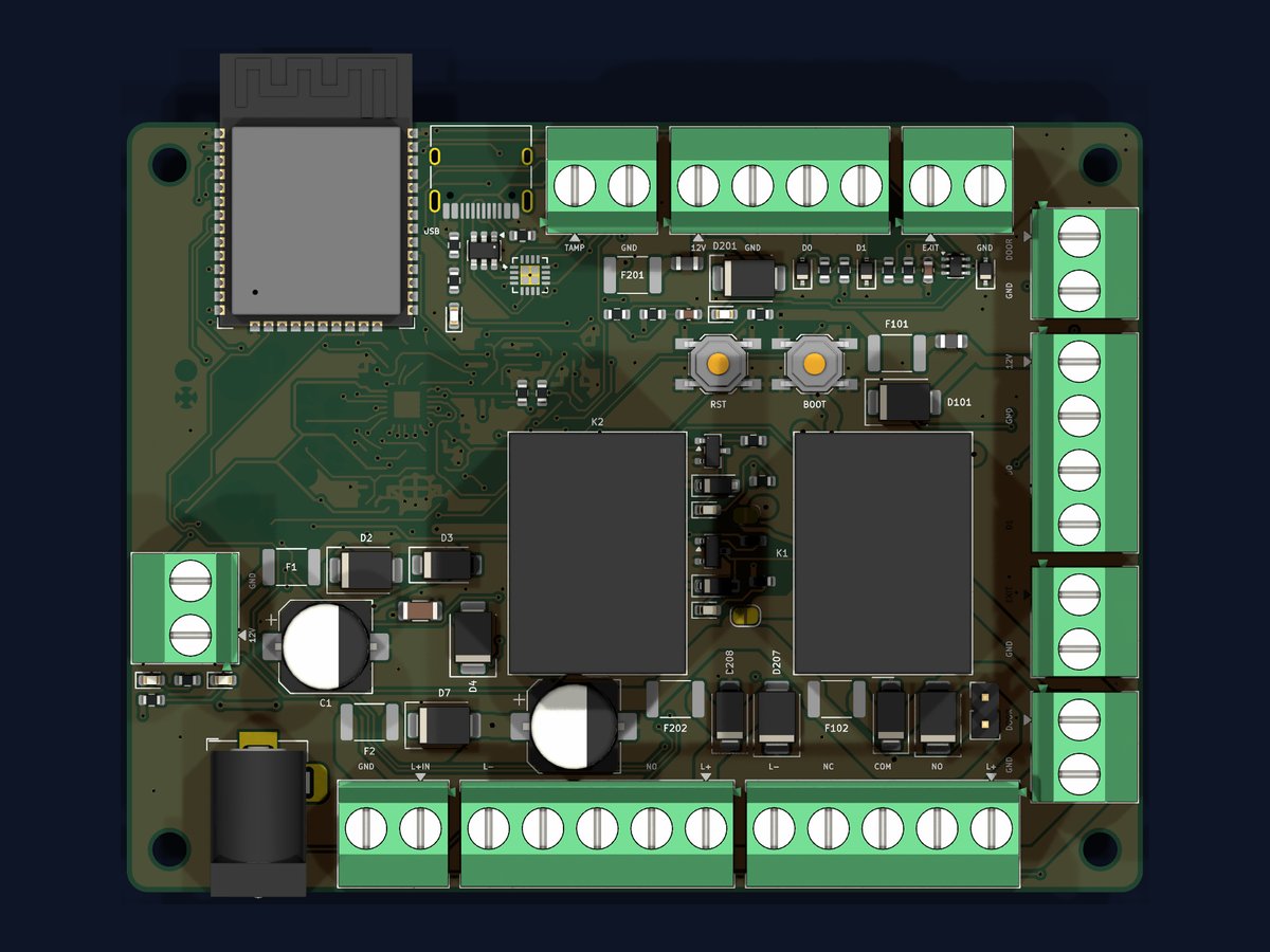 Wireless dual-door build: two relays, both sets of door terminals, no network socket