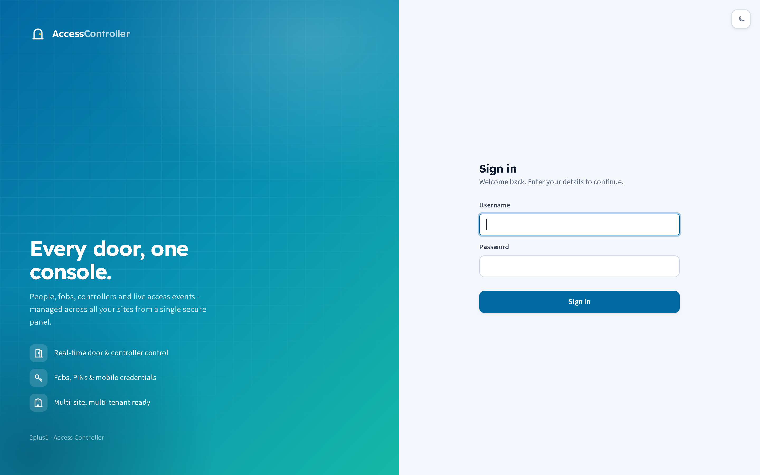 The sign-in page. The left panel carries the product branding; the form on the right takes a username and password.
