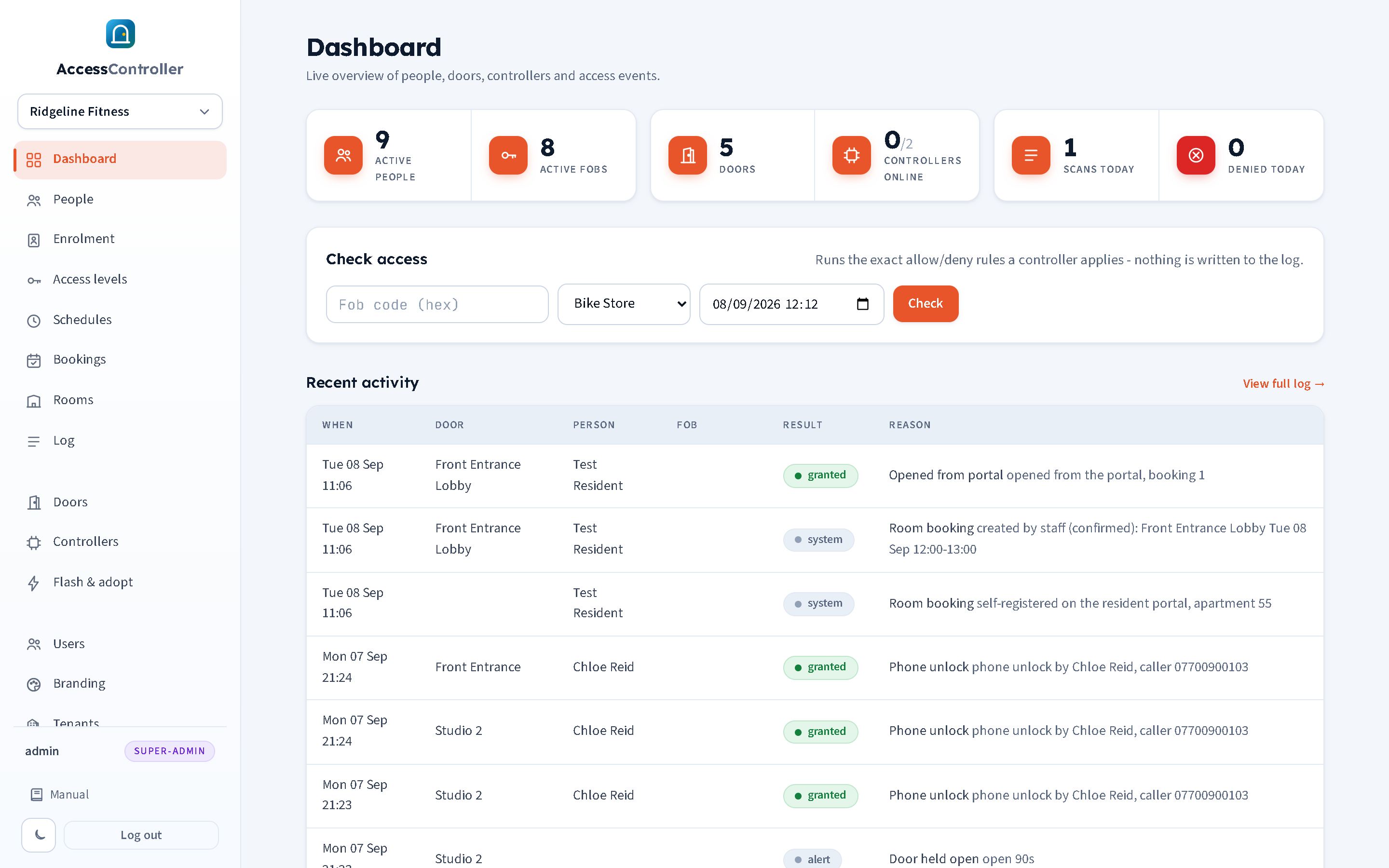 The dashboard: three tile groups, the Check access tool and the most recent activity.