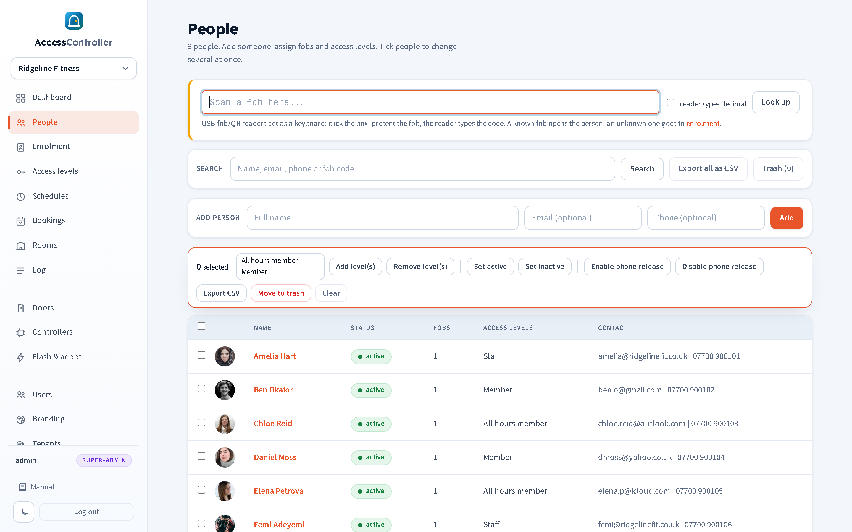 The People page: the desk scan box, search, the add-person toolbar and the list with photos, status, fob count, levels and contact details.