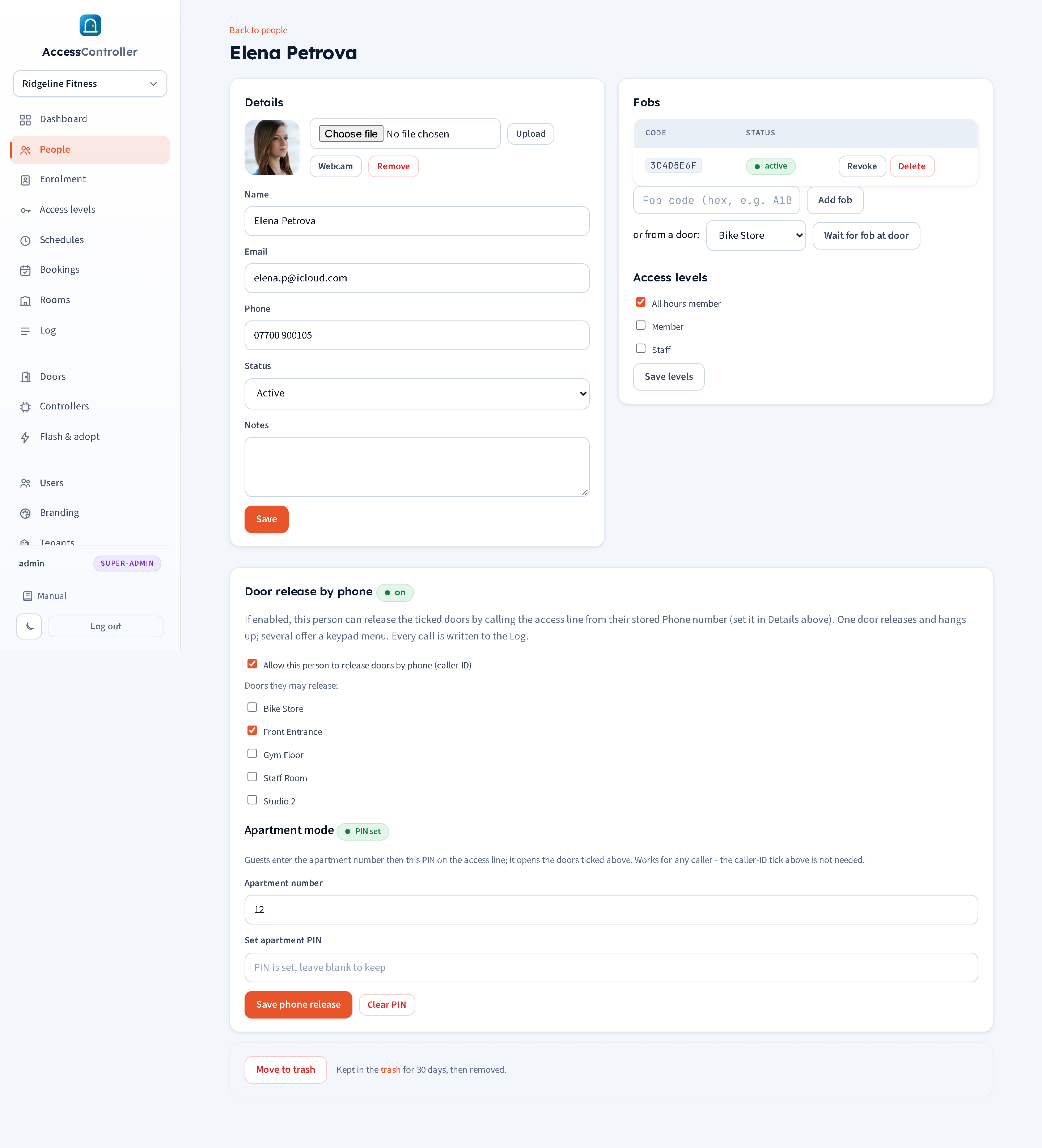 The person page, showing the door release by phone panel with the allow tick, door ticks, and apartment mode fields.