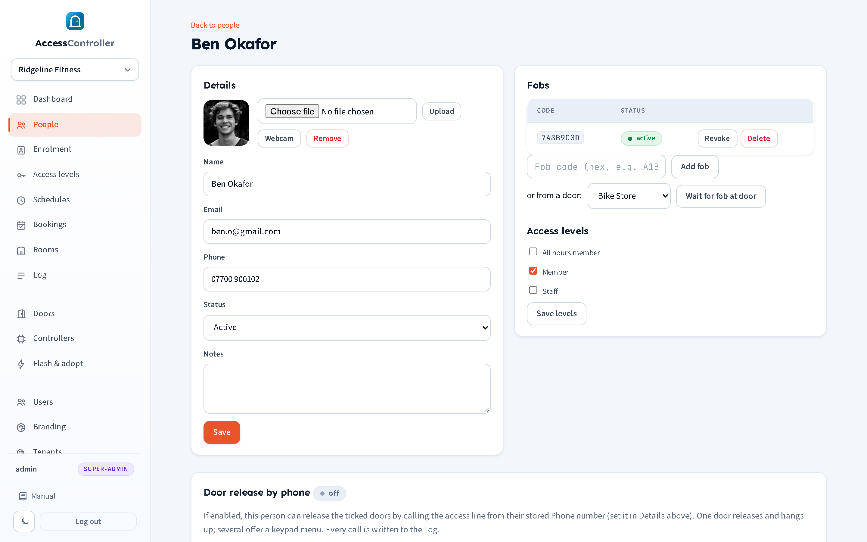The top of a person's page: photo and details on the left, fobs and access levels on the right. The door release by phone panel sits below (chapter 9).
