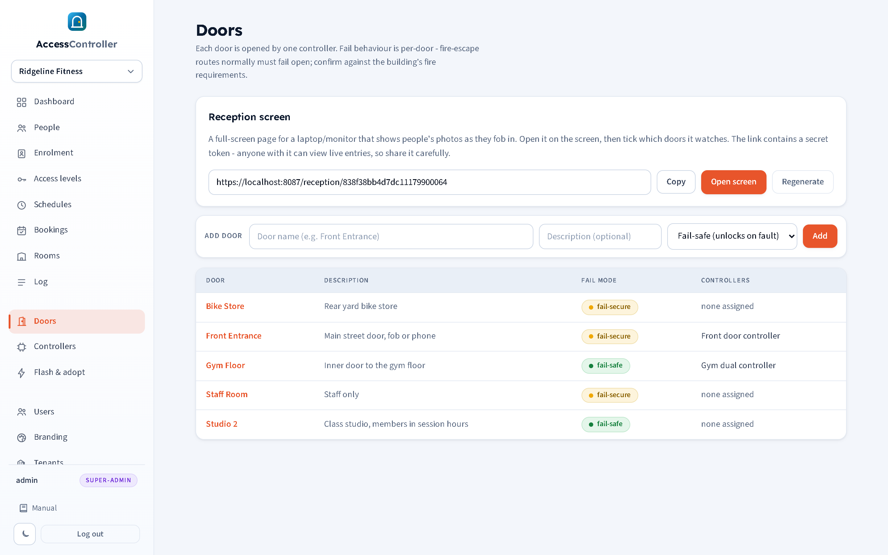 The Doors page: the reception screen link panel, the add-door toolbar and the list of doors with fail mode and assigned controllers.