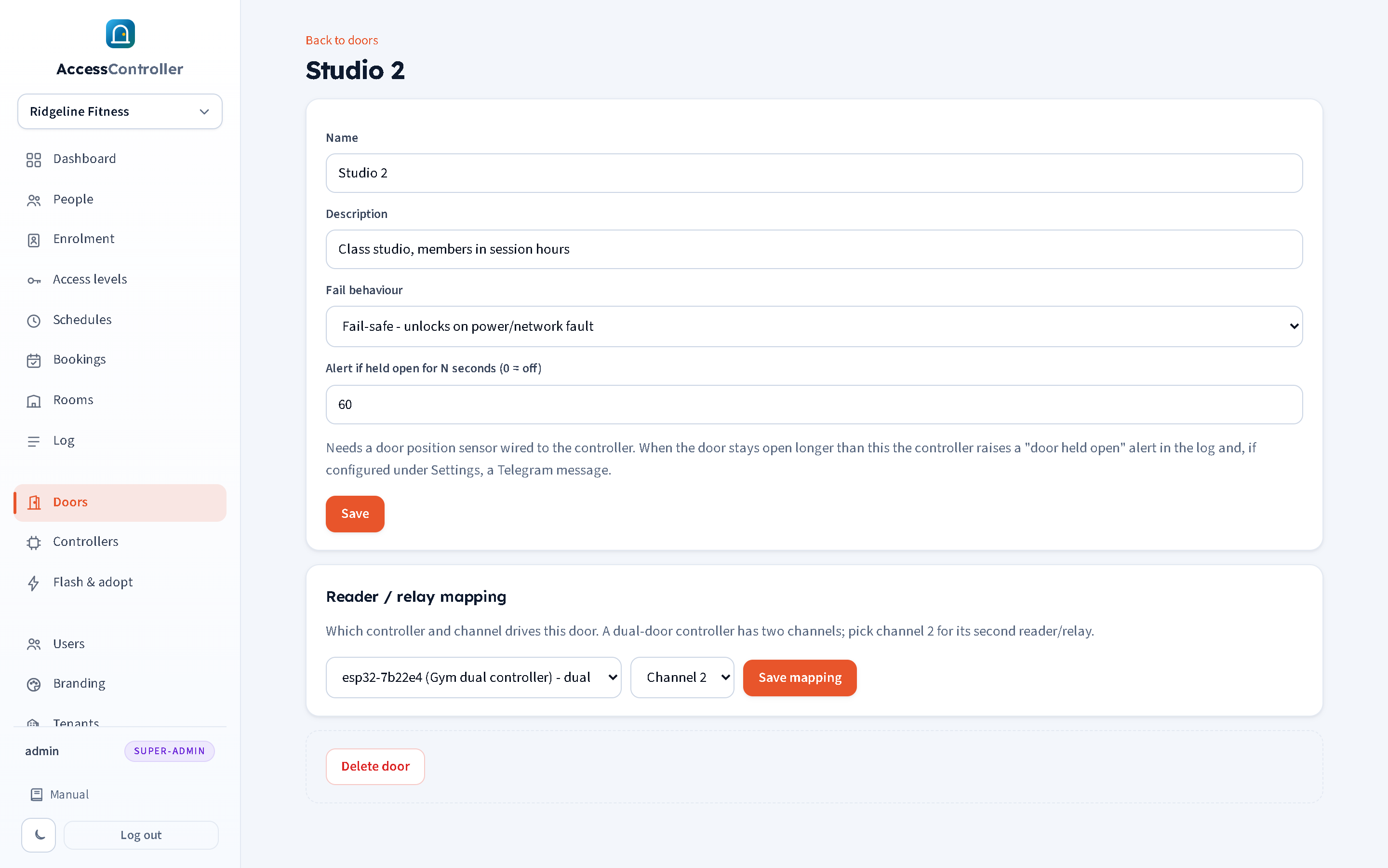 A door's detail page: name, description, fail behaviour and held-open alert time, the reader/relay mapping panel, and the delete button.