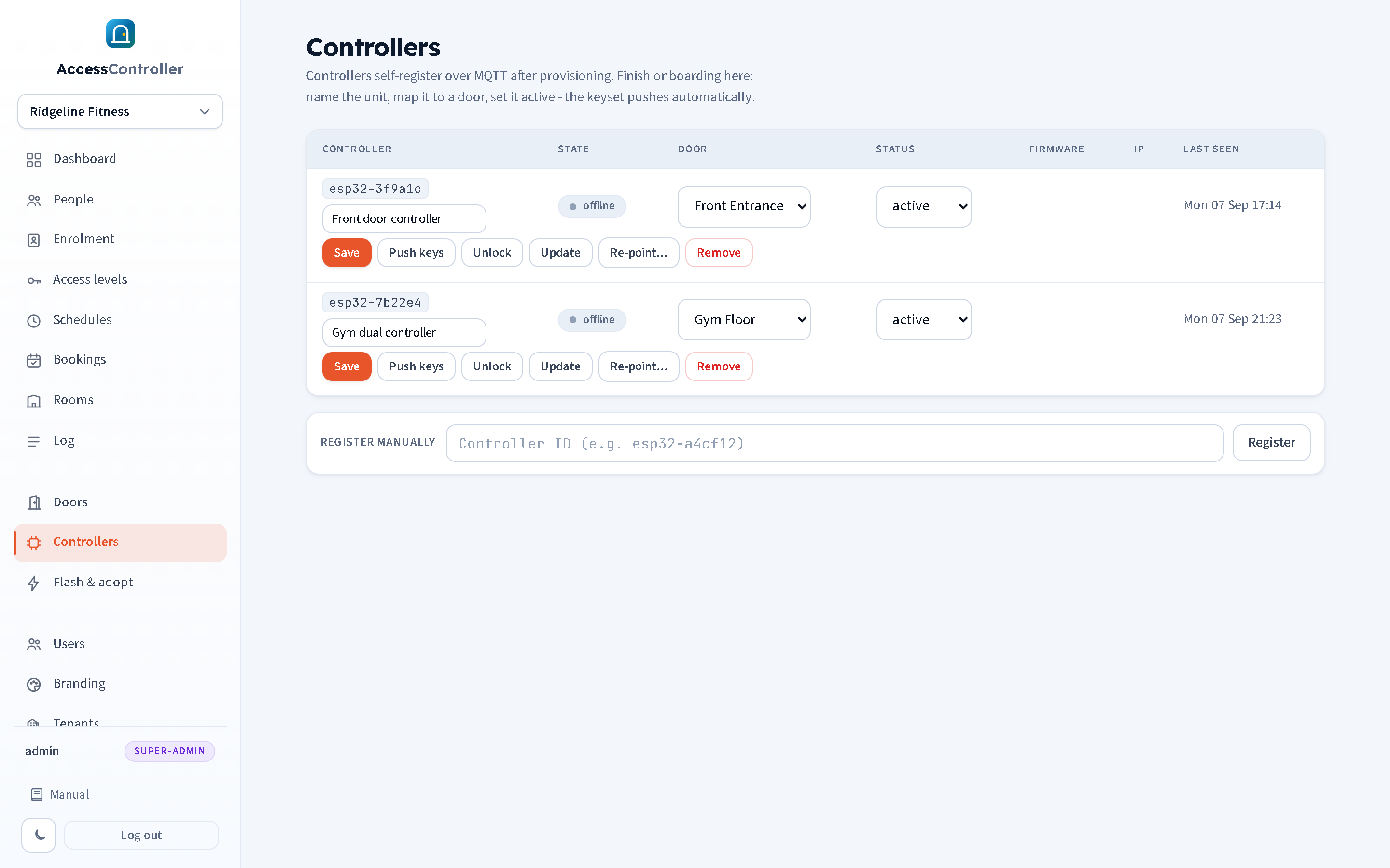 The Controllers page: each controller with its ID, friendly name, online state, door, status, firmware, IP and last-seen time, plus its action buttons.