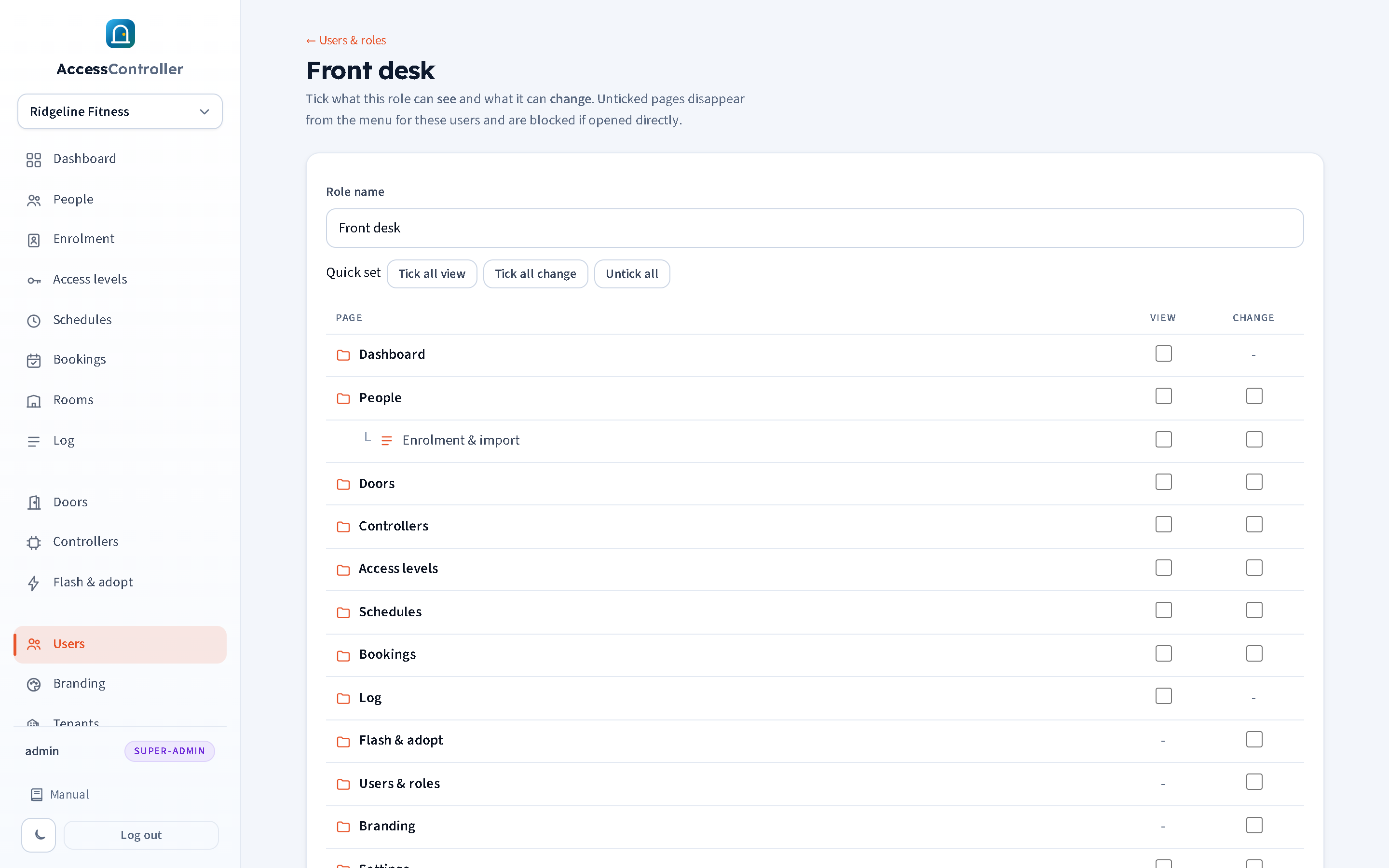 The role editor: the page tree with a View and a Change tick per page, and quick-set buttons.