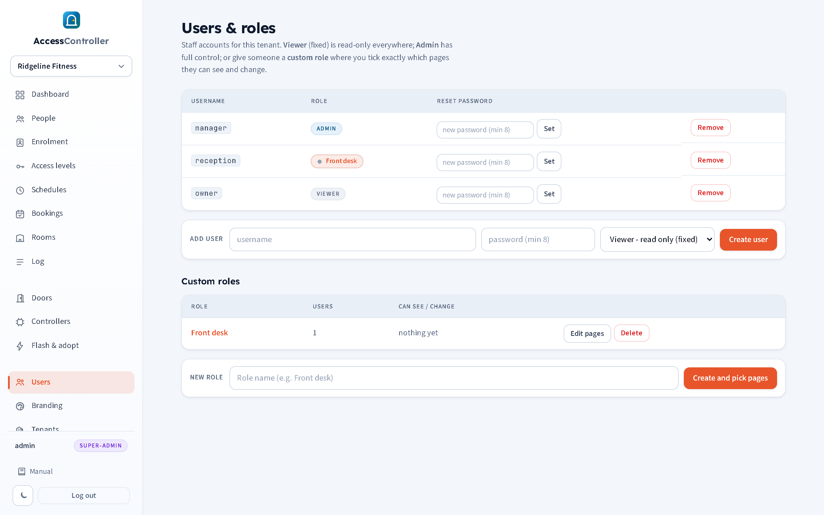 The Users page: the user list with role badges and password reset, the add-user toolbar, and the custom roles section.