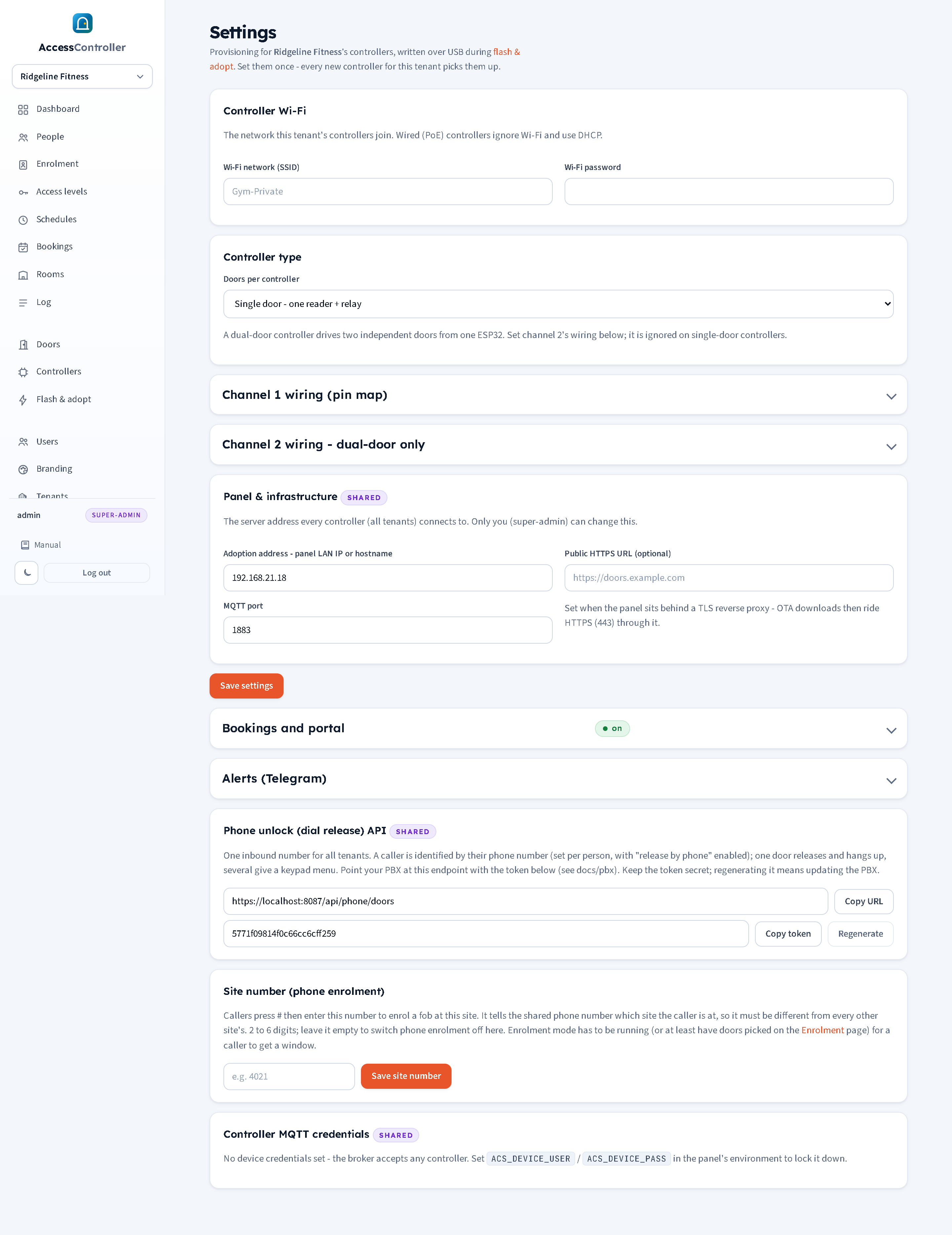 The Settings page: controller Wi-Fi, controller type, the two wiring accordions, panel and infrastructure, the phone API token, the site number and the MQTT credential note. The Bookings and portal and Alerts (Telegram) accordions sit below Panel & infrastructure.