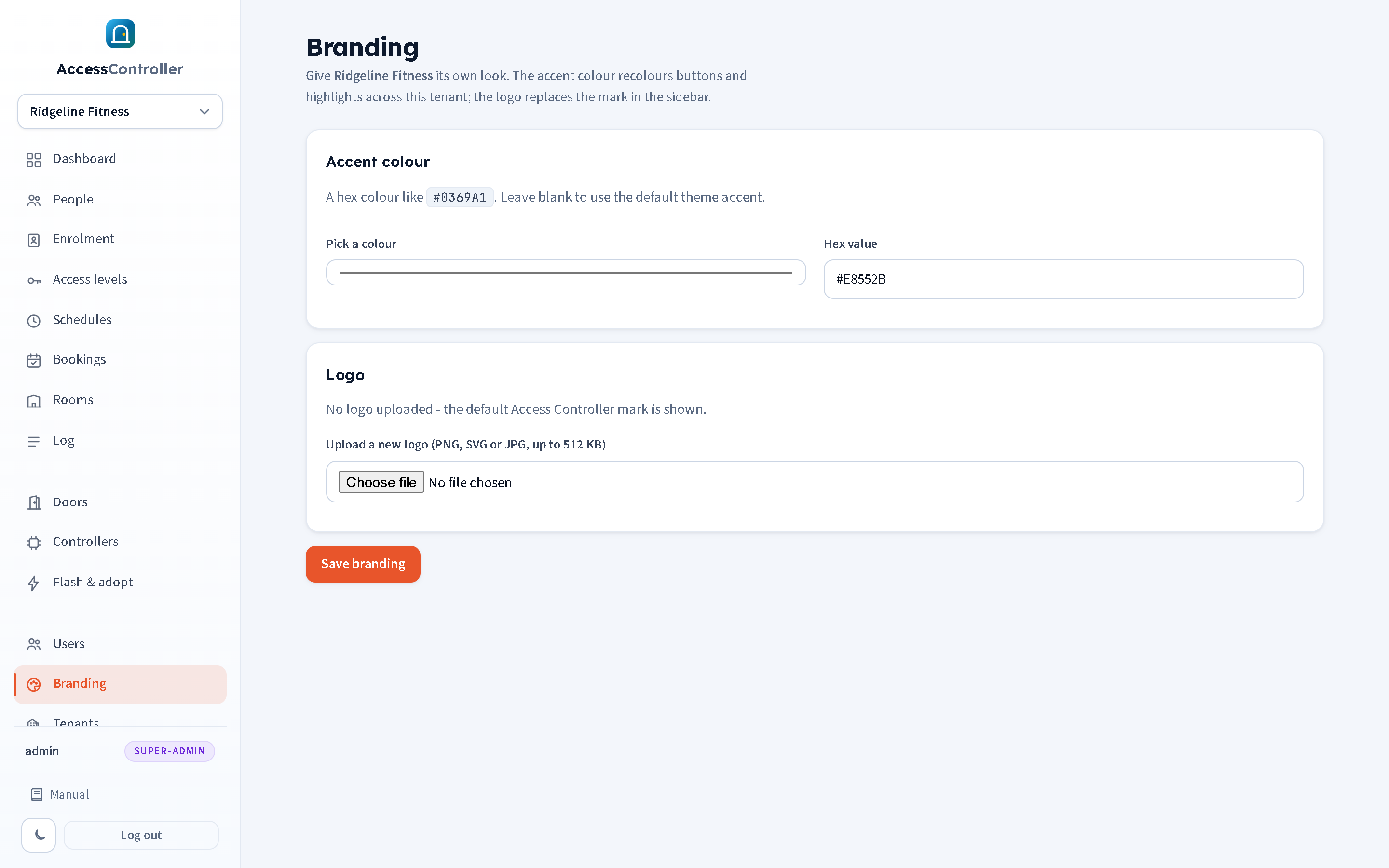 The Branding page: an accent colour picker with hex value, and a logo upload.