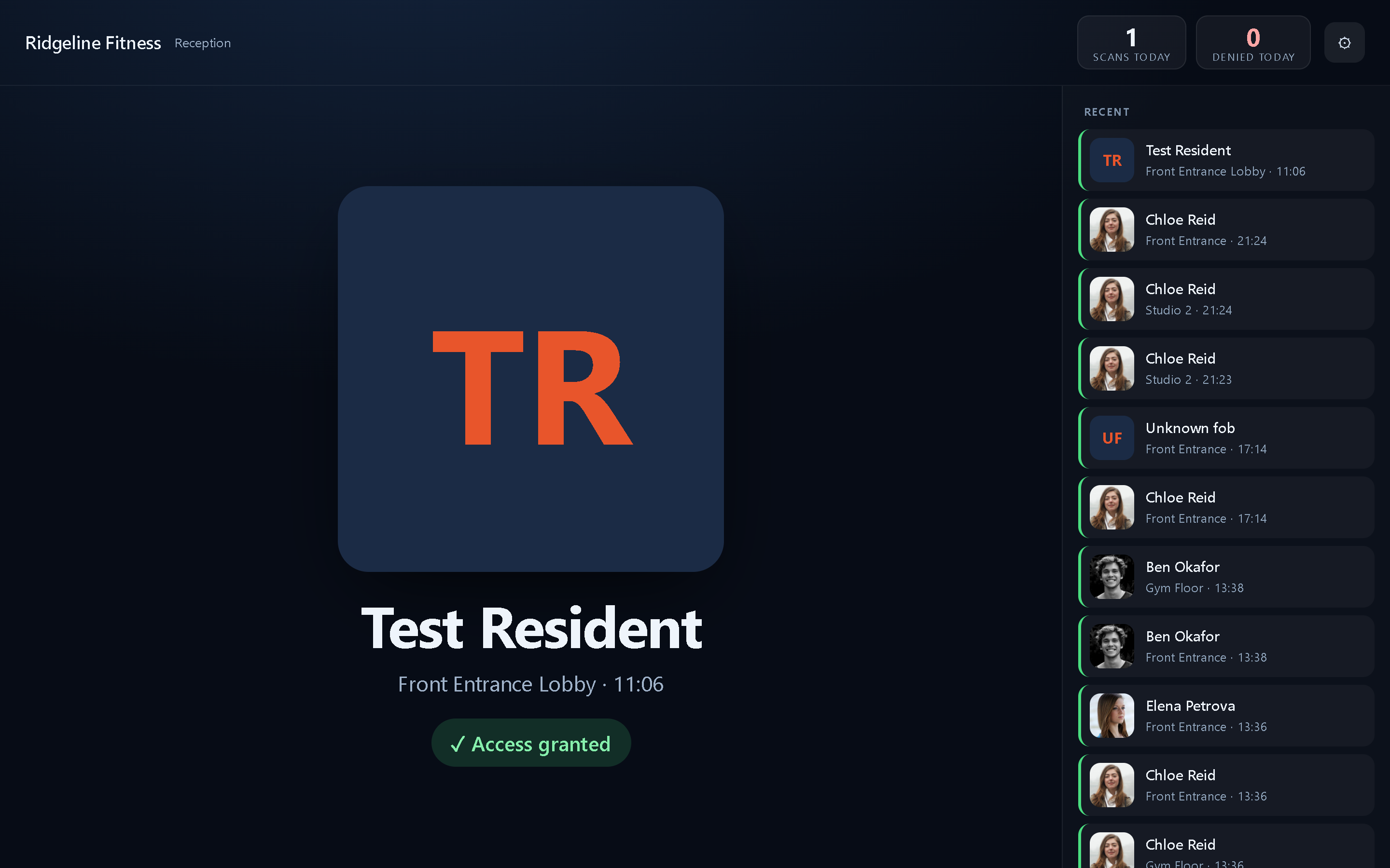 The reception screen: tenant name and today's counts at the top, the latest person large in the middle with a granted or denied verdict, recent entries on the right.