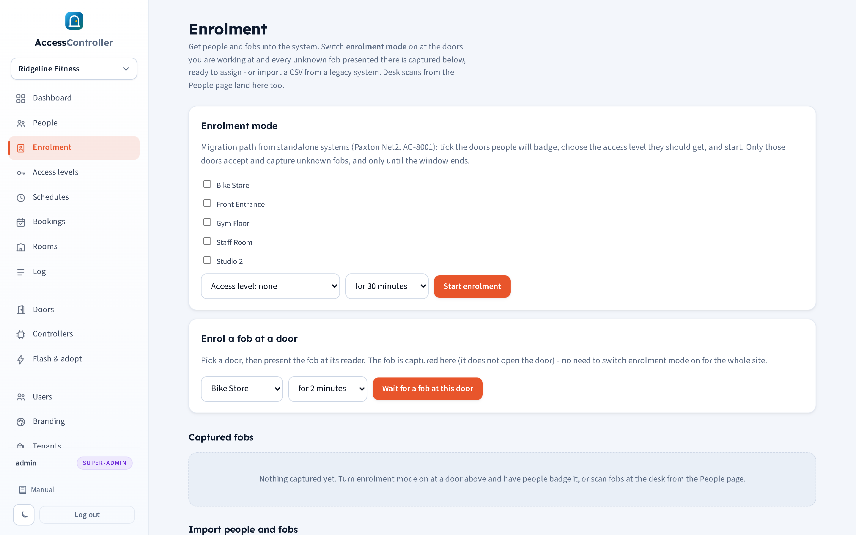 The Enrolment page: the enrolment mode panel, the enrol-a-fob-at-a-door panel, the captured fobs list with assign and dismiss controls, and the import section.
