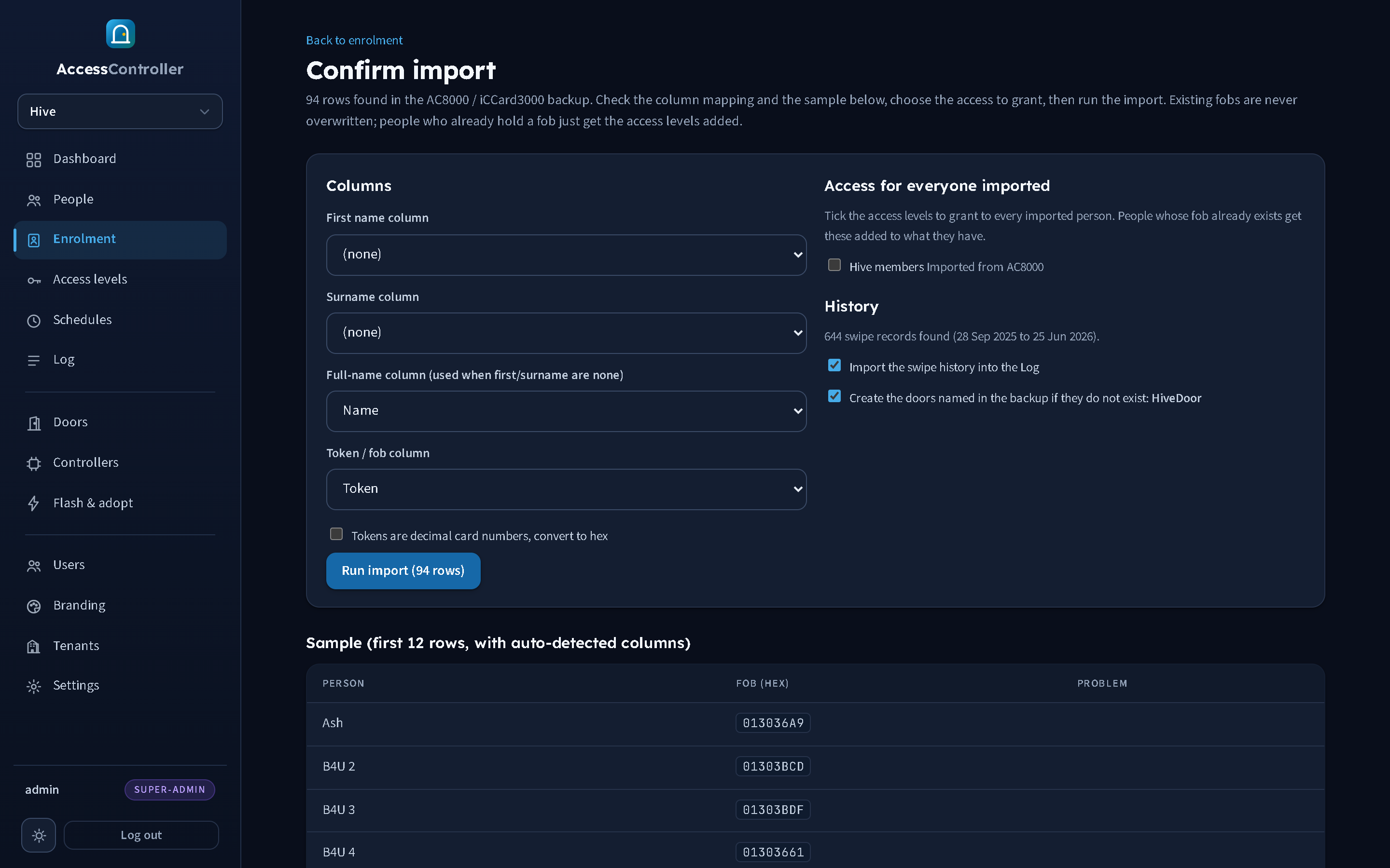 The preview for a backup import: the columns are already mapped, access levels can be ticked for everyone imported, and the History panel offers to import the swipe records and create the door named in the backup.