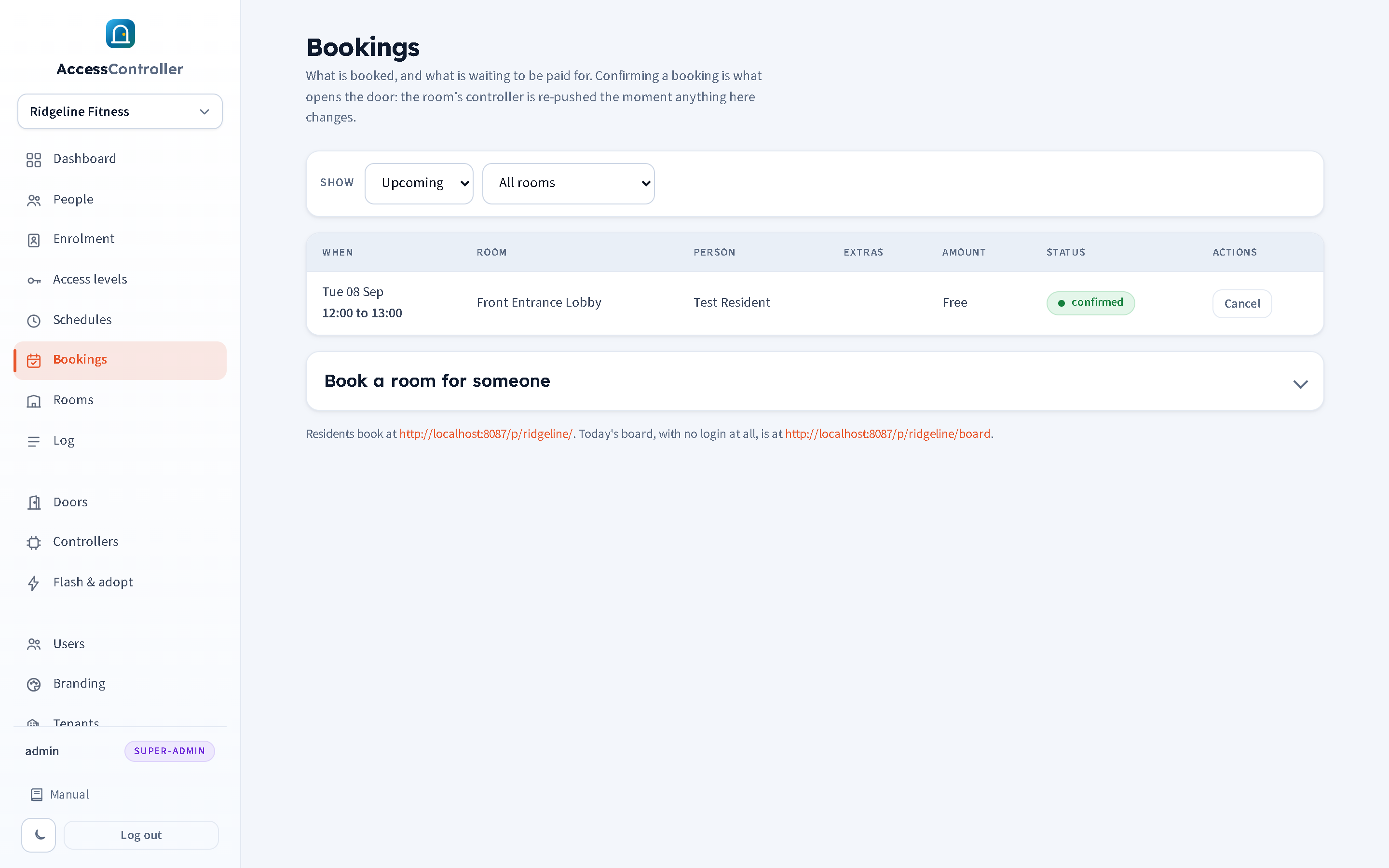 The Bookings page: the filter bar, and the table of bookings with time, room, person, extras, amount, status and actions.