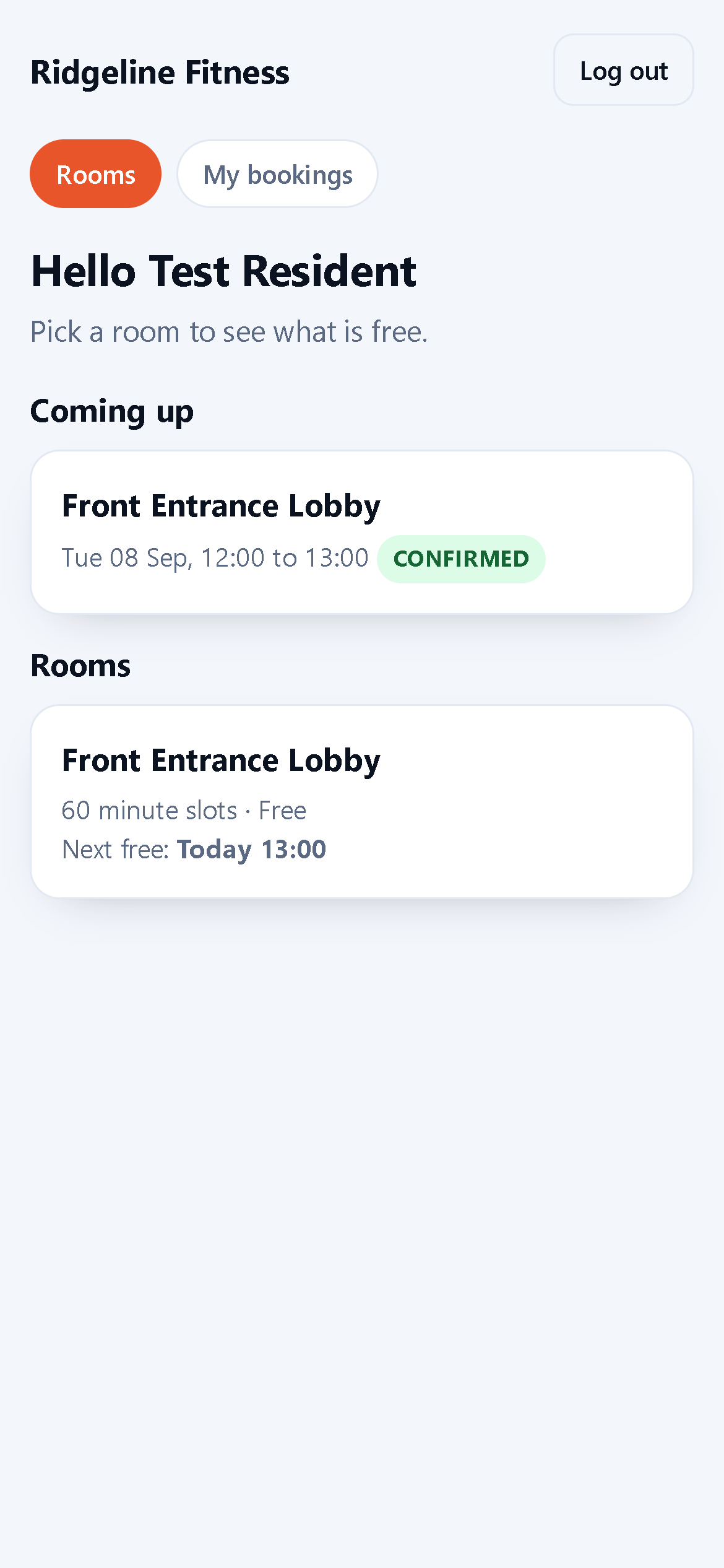 The portal home page after signing in: a greeting, the resident's next booking, and each room with its slot length, price and next free slot.