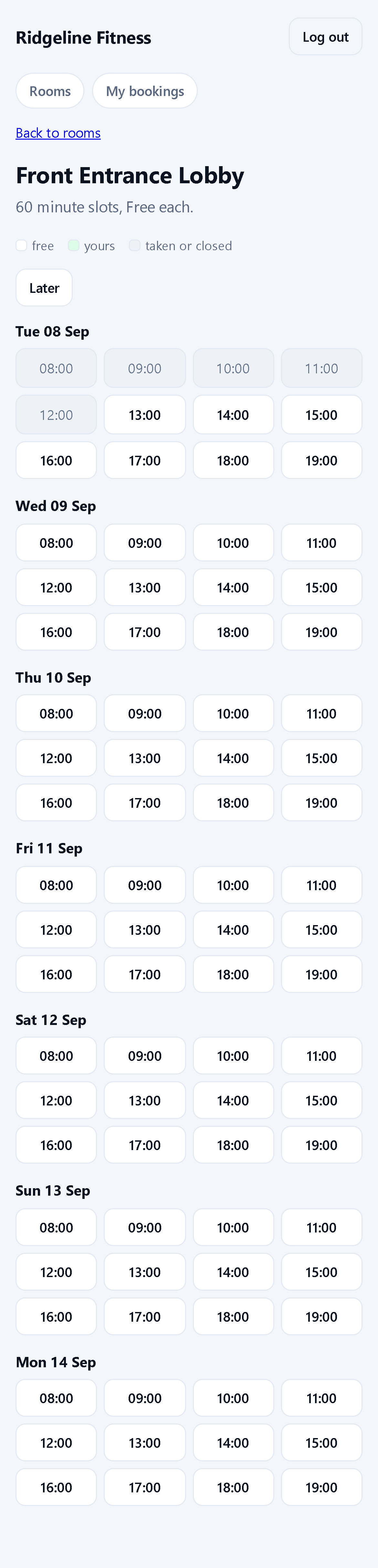 A room on the portal: the slot length and price, a key for free, yours and taken, then a grid of times for the next seven days.