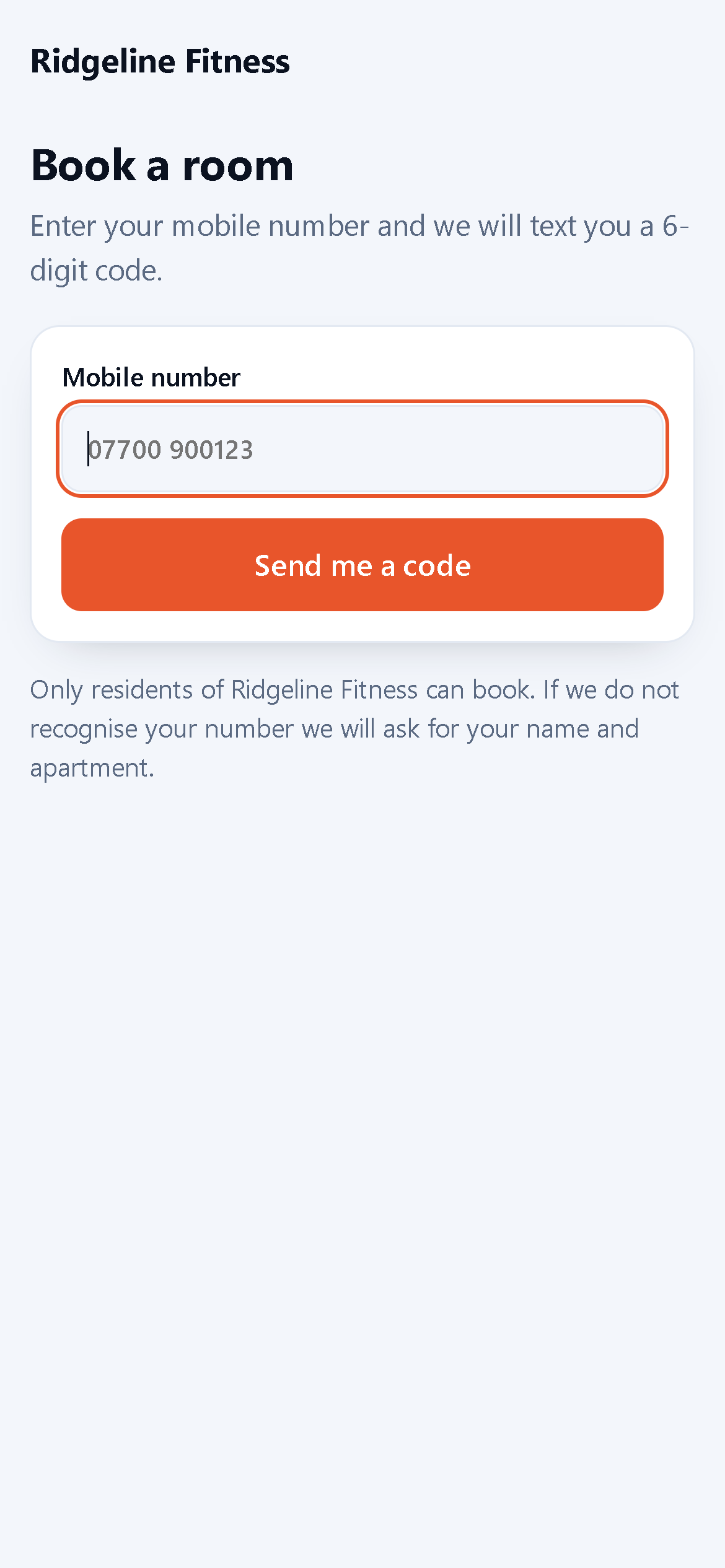The resident portal on a phone: the building's name, the mobile number field and the Send me a code button.