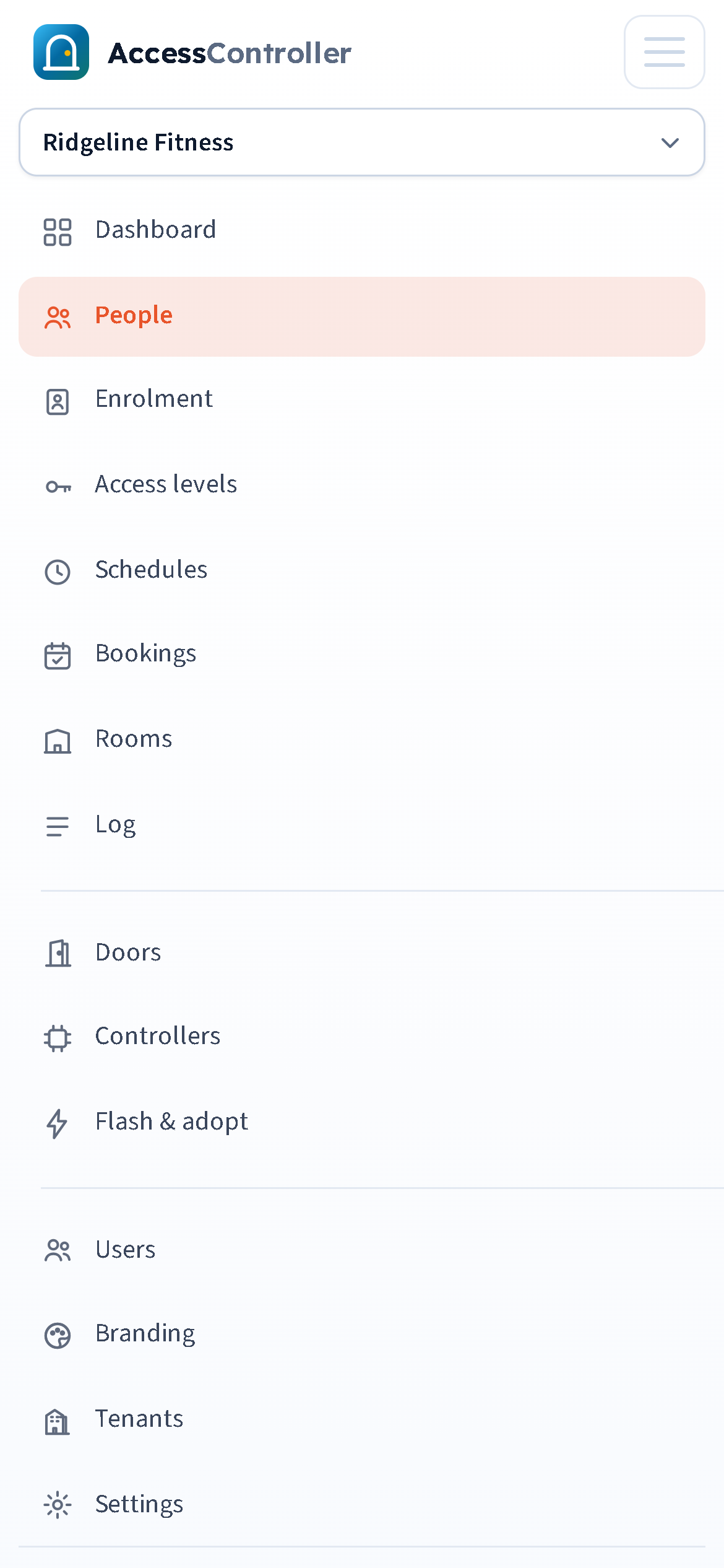 The mobile menu open, showing the tenant name, the full list of pages and the footer with the dark-mode toggle and log out.